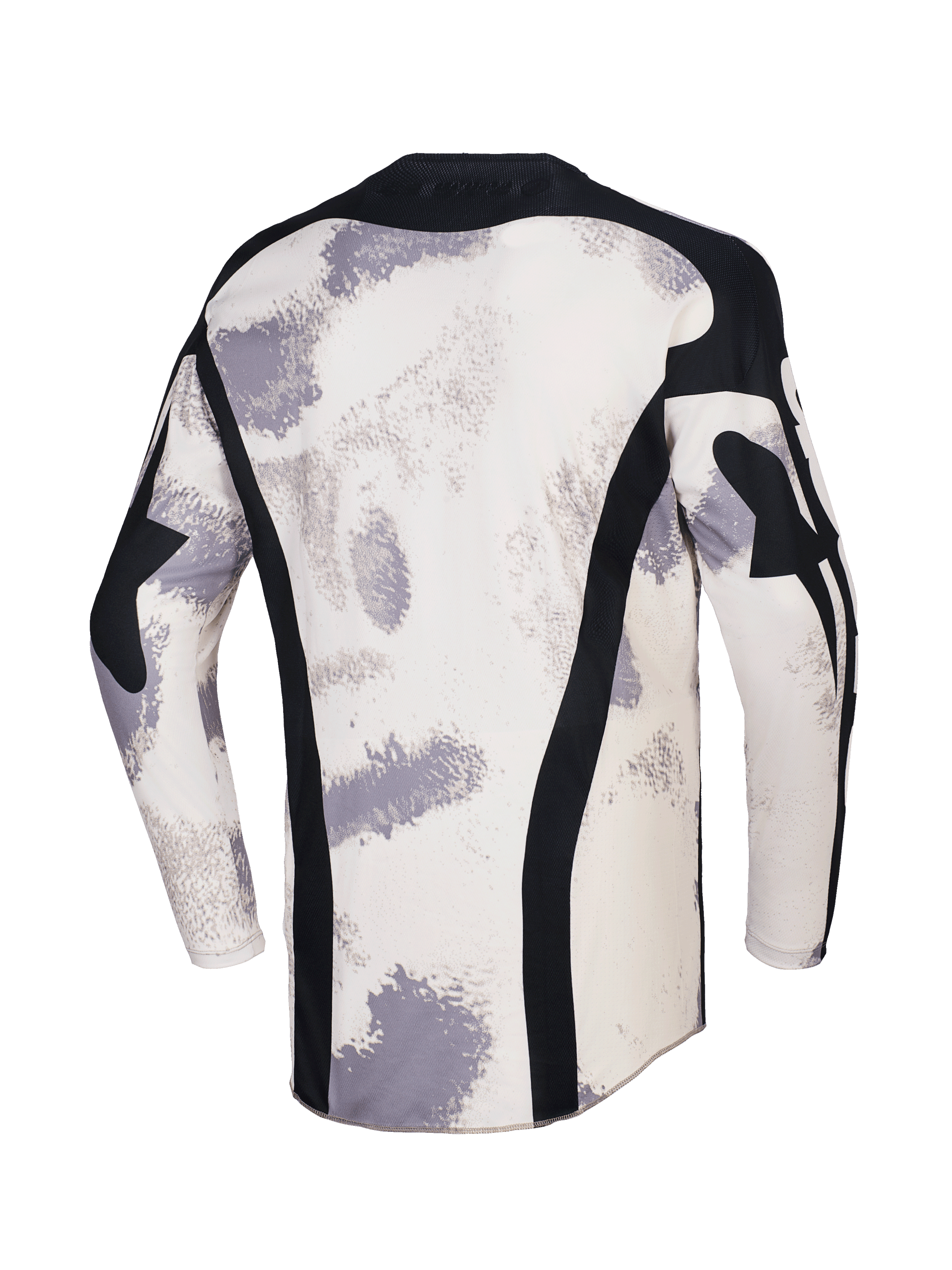 Maillot Alpinestars 2026 Racer Lahnd, maillot de motocross, Camo Sable avec motifs de coups de pinceau blanc cassé et gris, vue arrière avec panneaux verticaux en maille noire, col noir et profil arrière allongé pour une couverture optimale.