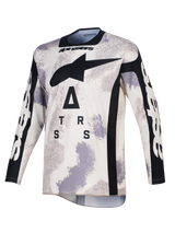 Maillot Alpinestars Racer Lahnd 2026, maillot de motocross, Sand Camo gris et blanc, avec un grand logo A-star noir et un lettrage stylisé sur la poitrine, col rond et panneaux latéraux noirs, manches longues avec marquage blanc, vêtement de course tout-terrain professionnel.