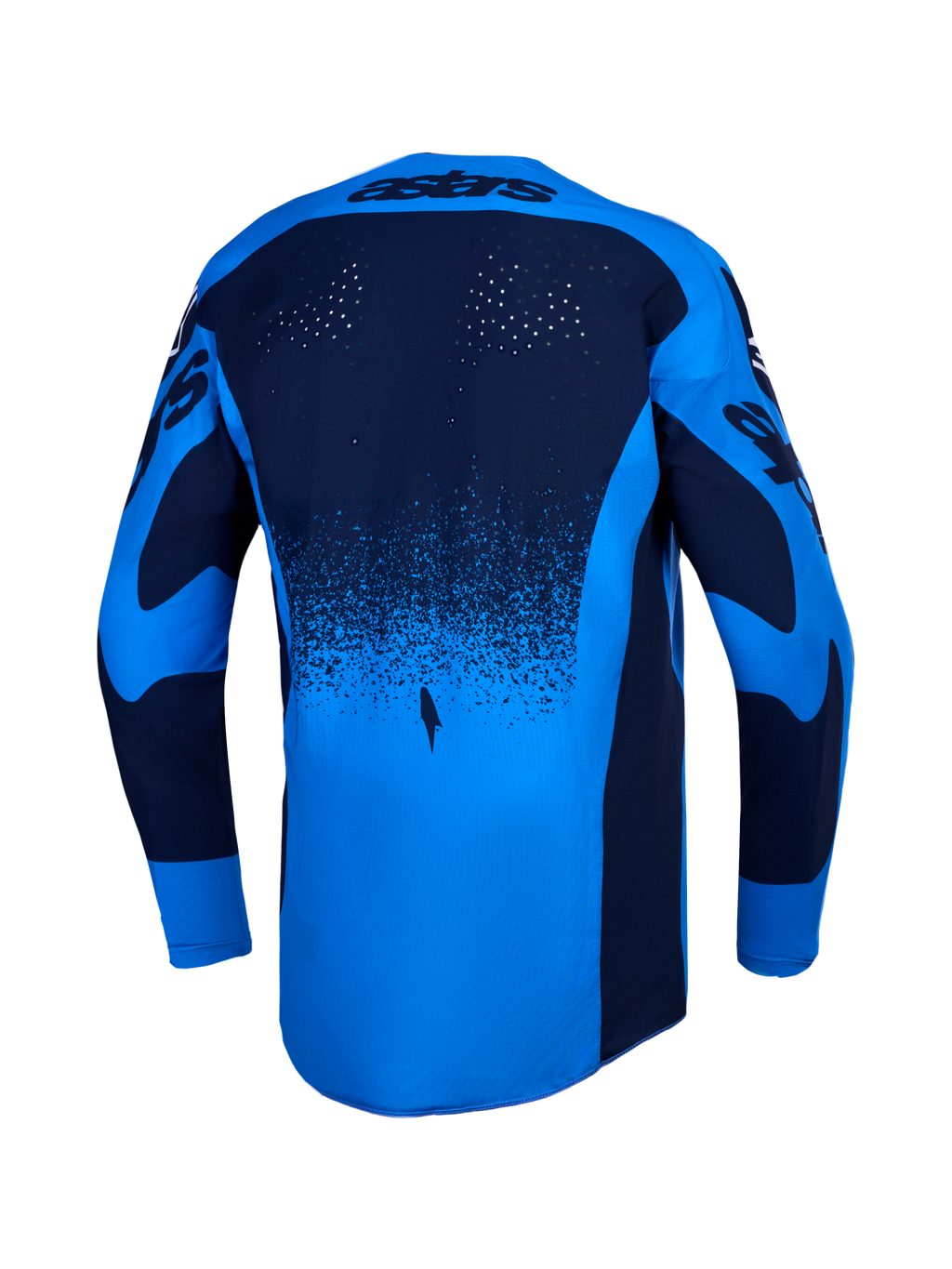 Alpinestars maillot Techstar Swan, maillot de motocross bleu clair et bleu foncé, perforations laser et pan arrière allongé.