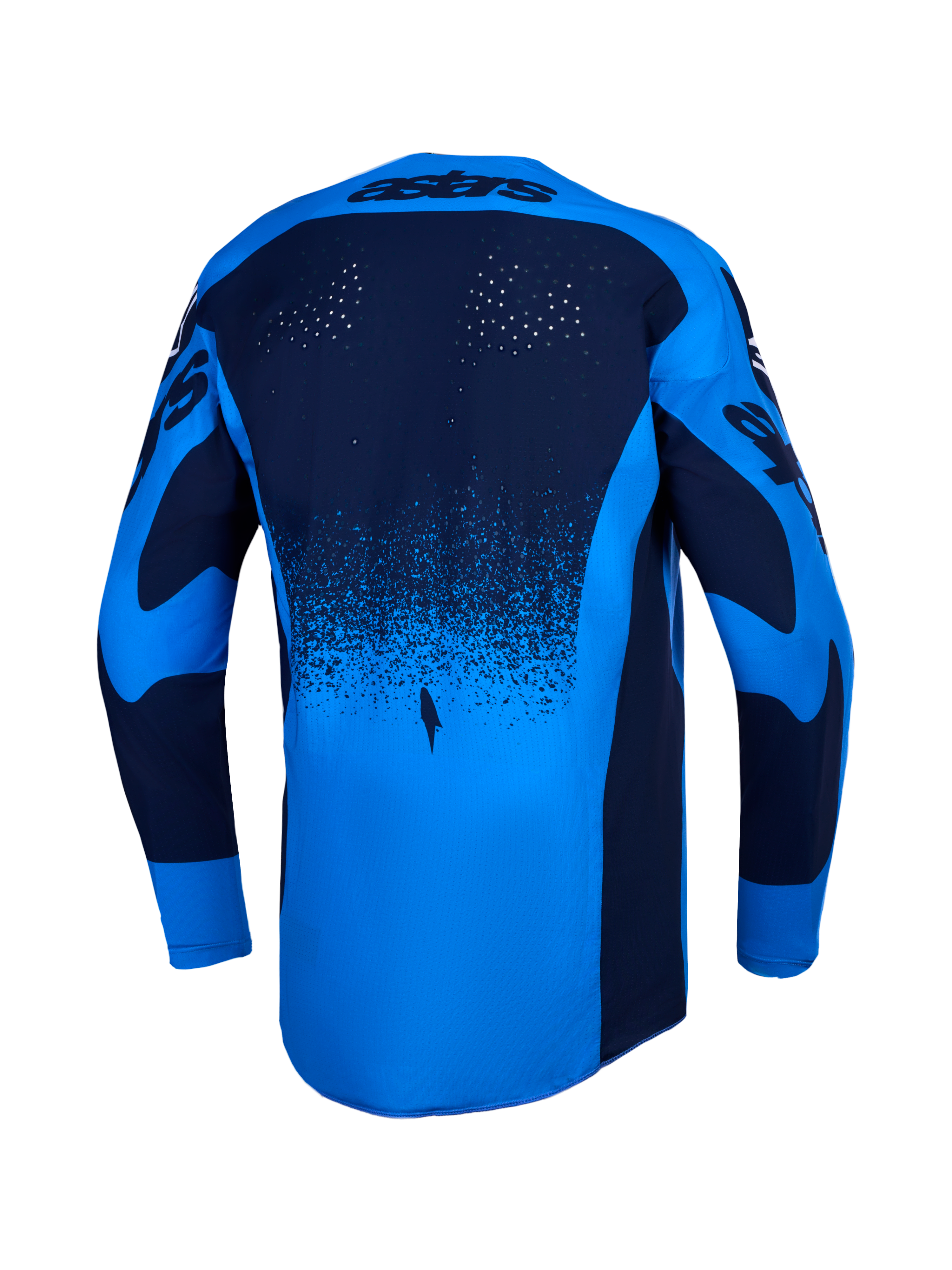 Alpinestars maillot Techstar Swan, maillot de motocross bleu clair et bleu foncé, perforations laser et pan arrière allongé.