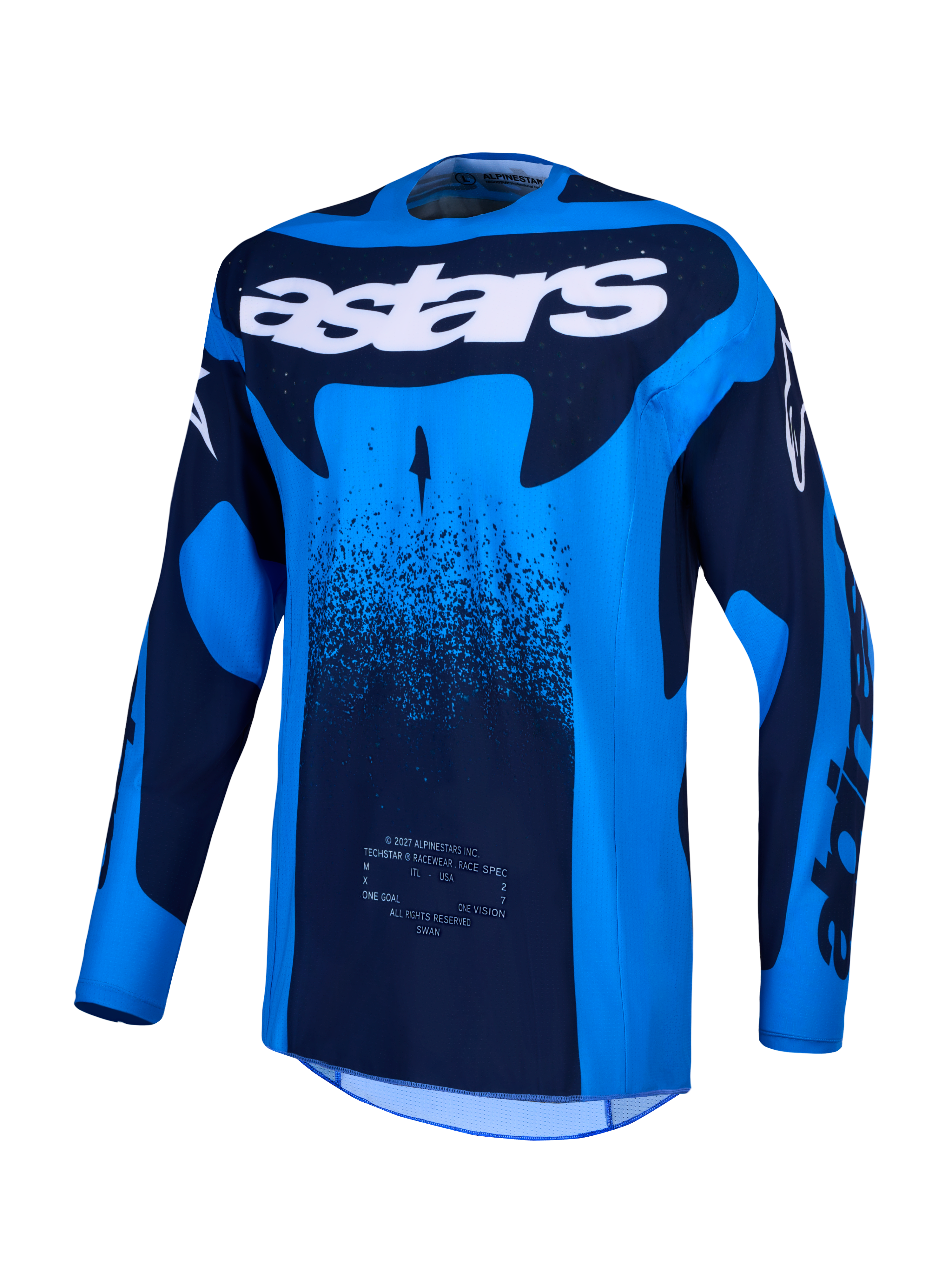 Alpinestars maillot Techstar Swan, maillot de motocross bleu et bleu foncé avec tissu respirant et perforations laser