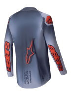 Alpinestars 2025 Supertech Lipan Jersey, Men's Motocross Racing Jersey, Gray and Orange Fluo, lightweight stretch mesh with Stretchnet construction and race-proven ventilation, back view showing extended rear hem and branding details