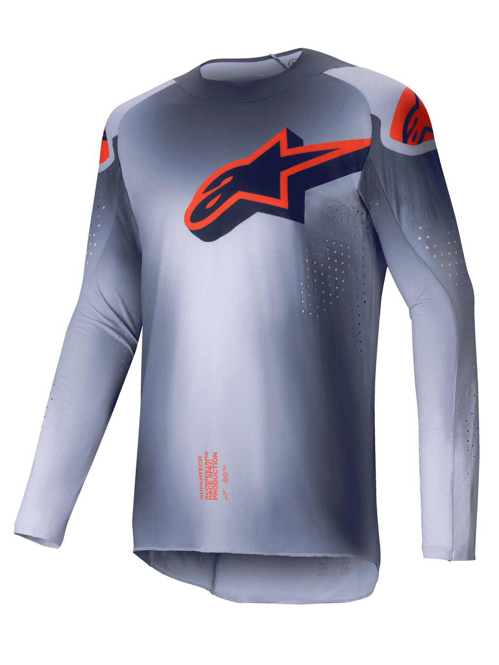 Alpinestars 2025 Supertech Lipan Jersey, Men's Motocross Jersey, Gray and Orange Fluo, lightweight athletic race fit with laser-cut ventilation perforations