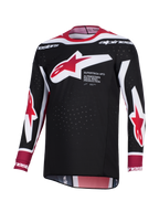 Alpinestars 2026 Supertech AFD Vista Jersey, Motocross Jersey, Black Red and White, featuring a large red and white Alpinestars star logo on the chest with 'Supertech AFD' text, perforated mesh fabric for ventilation, and an athletic racing fit.