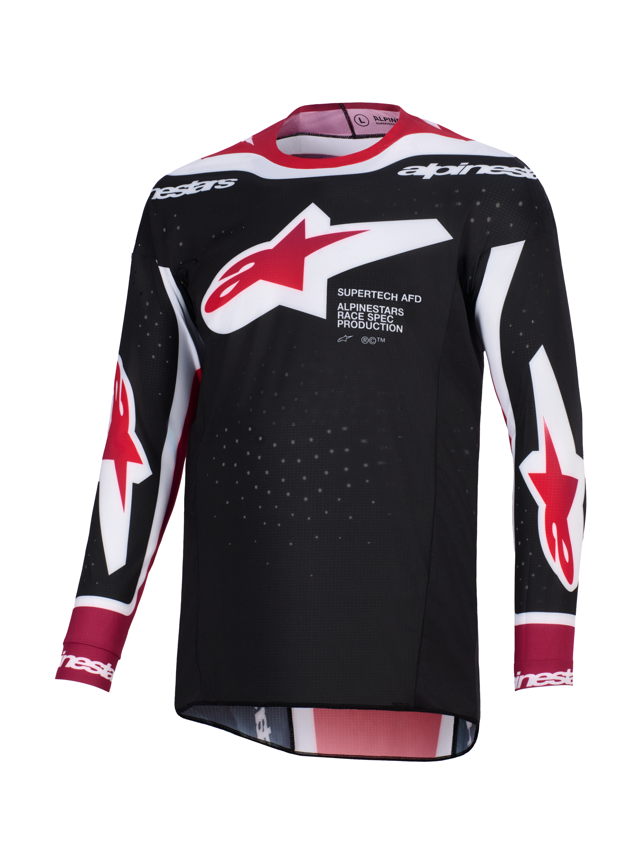 Maillot de motocross Alpinestars Supertech AFD Vista 2026, noir, rouge et blanc, doté d'un grand logo Alpinestars en forme d'étoile rouge et blanc sur la poitrine avec l'inscription 'Supertech AFD', tissu en maille perforée pour la ventilation et coupe racing athlétique.