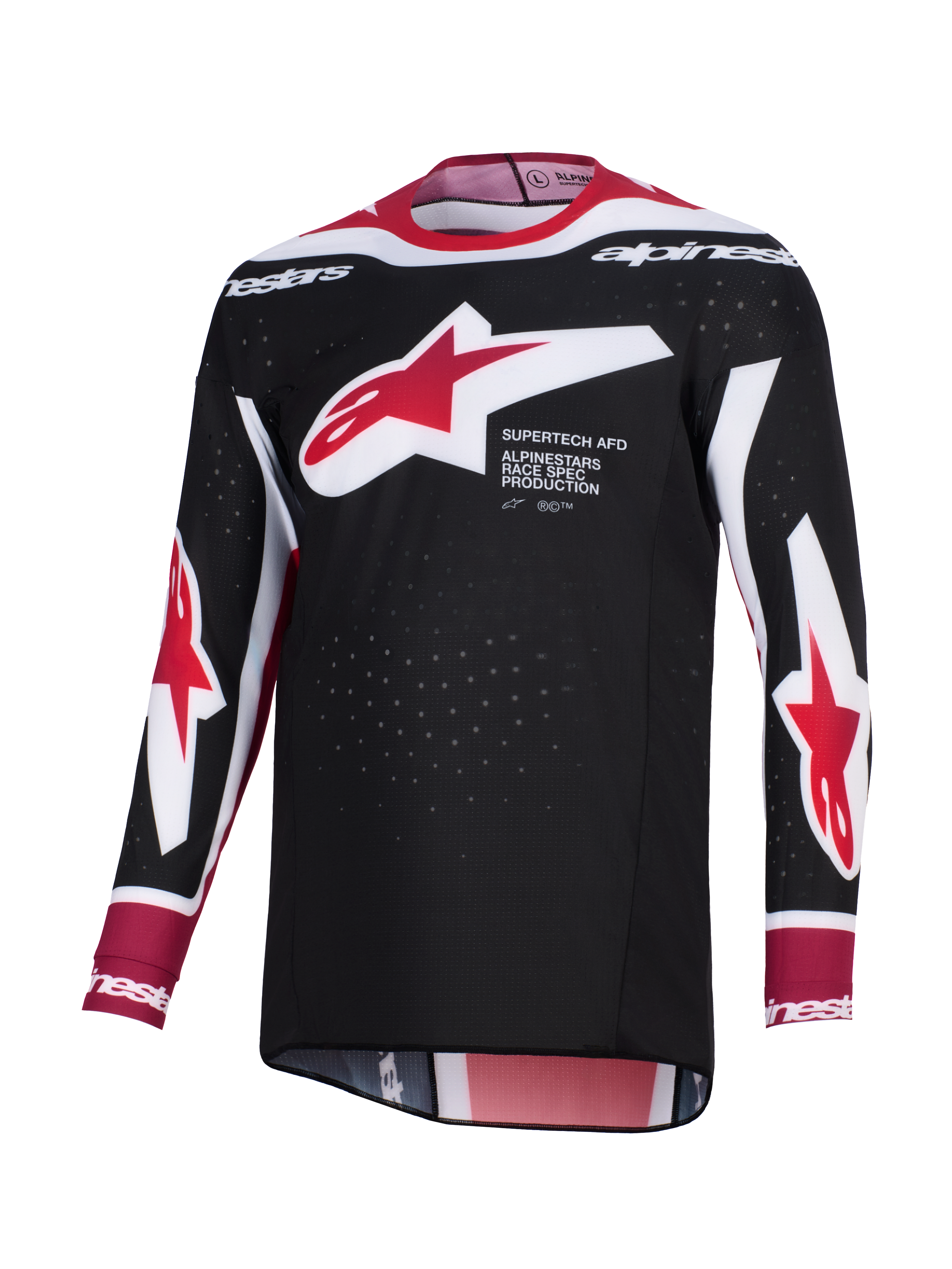 Alpinestars 2026 Supertech AFD Vista Jersey, Motocross Jersey, Black Red and White, featuring a large red and white Alpinestars star logo on the chest with 'Supertech AFD' text, perforated mesh fabric for ventilation, and an athletic racing fit.