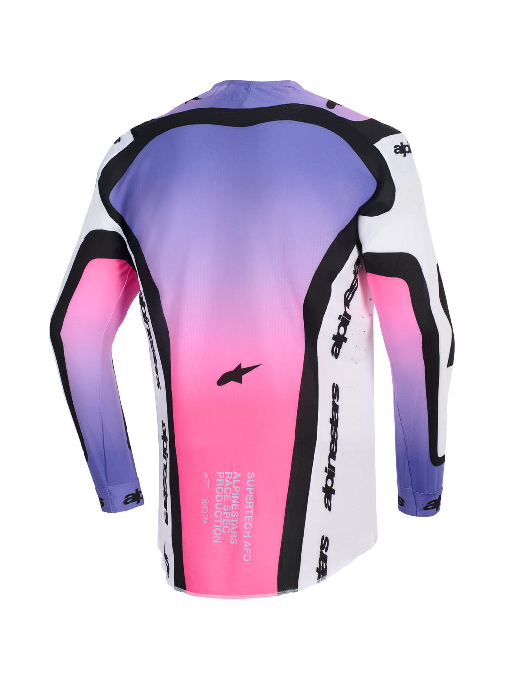 Alpinestars 2026 Supertech AFD Vista Jersey, Motocross Jersey, White Purple and Black with pink gradient, back view showing Supertech AFD race-spec text and Alpinestars branding, professional athletic-fit off-road gear