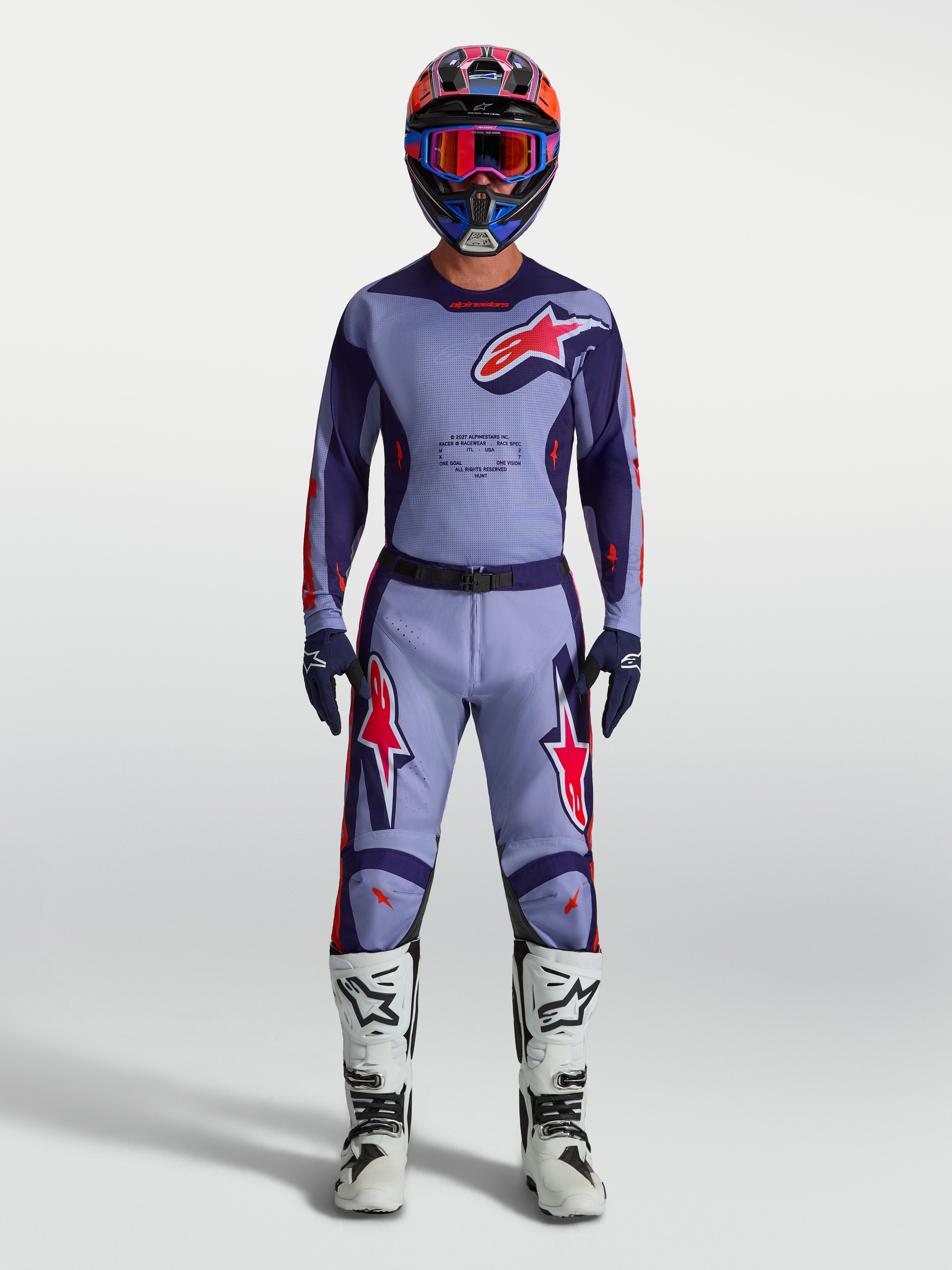 Alpinestars Racer Air Hunt, maillot de motocross pour homme, violet et rose fluo, construction en maille respirante ventilée.