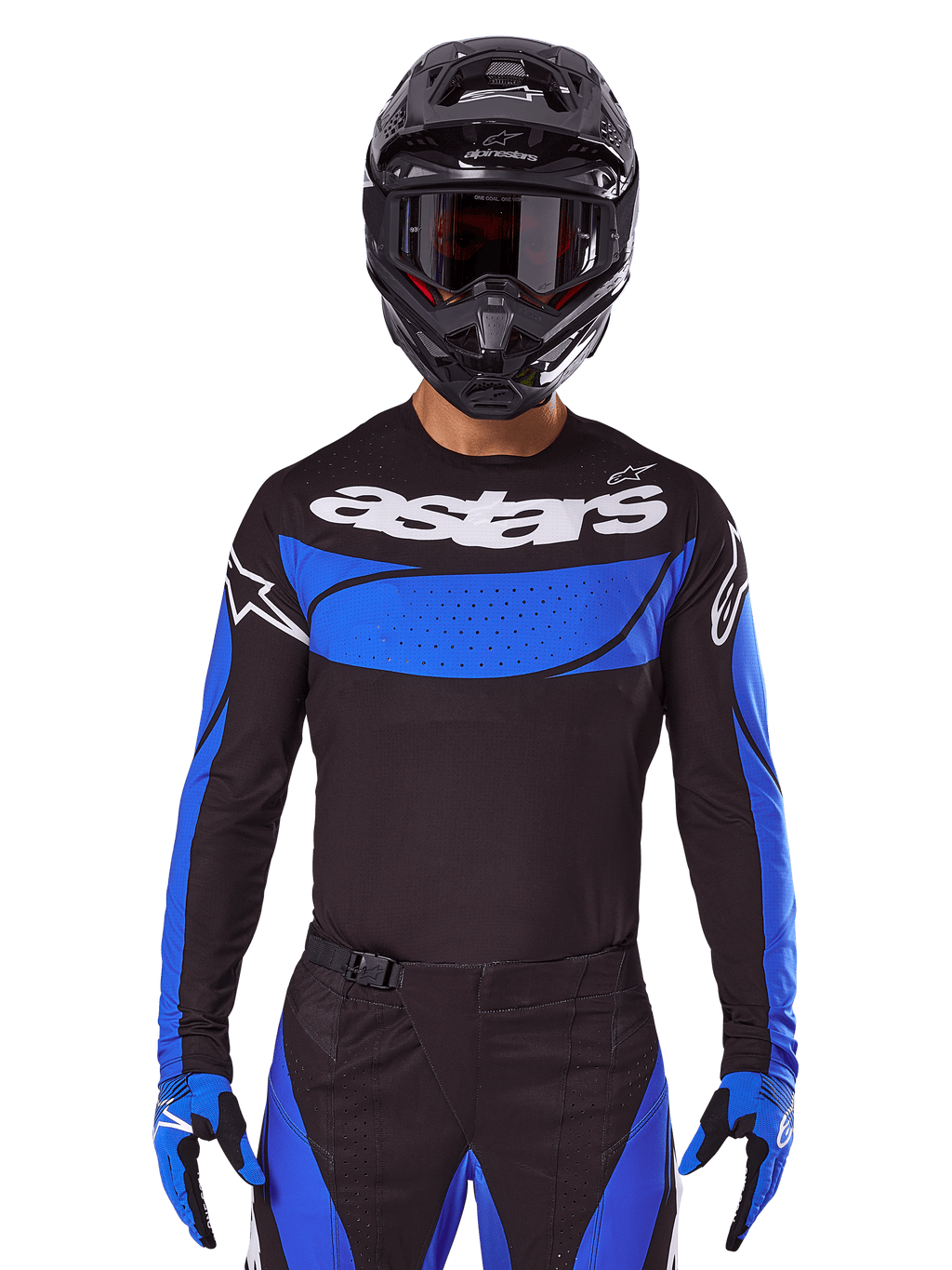 Alpinestars Techstar Dreem Jersey AND Gear Set, maillot de motocross noir et bleu pour homme, porté par un pilote