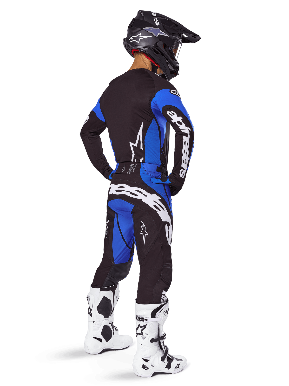 Alpinestars tenue complète et maillot Techstar Dreem 2025, équipement de motocross noir et bleu pour homme, vue de dos.