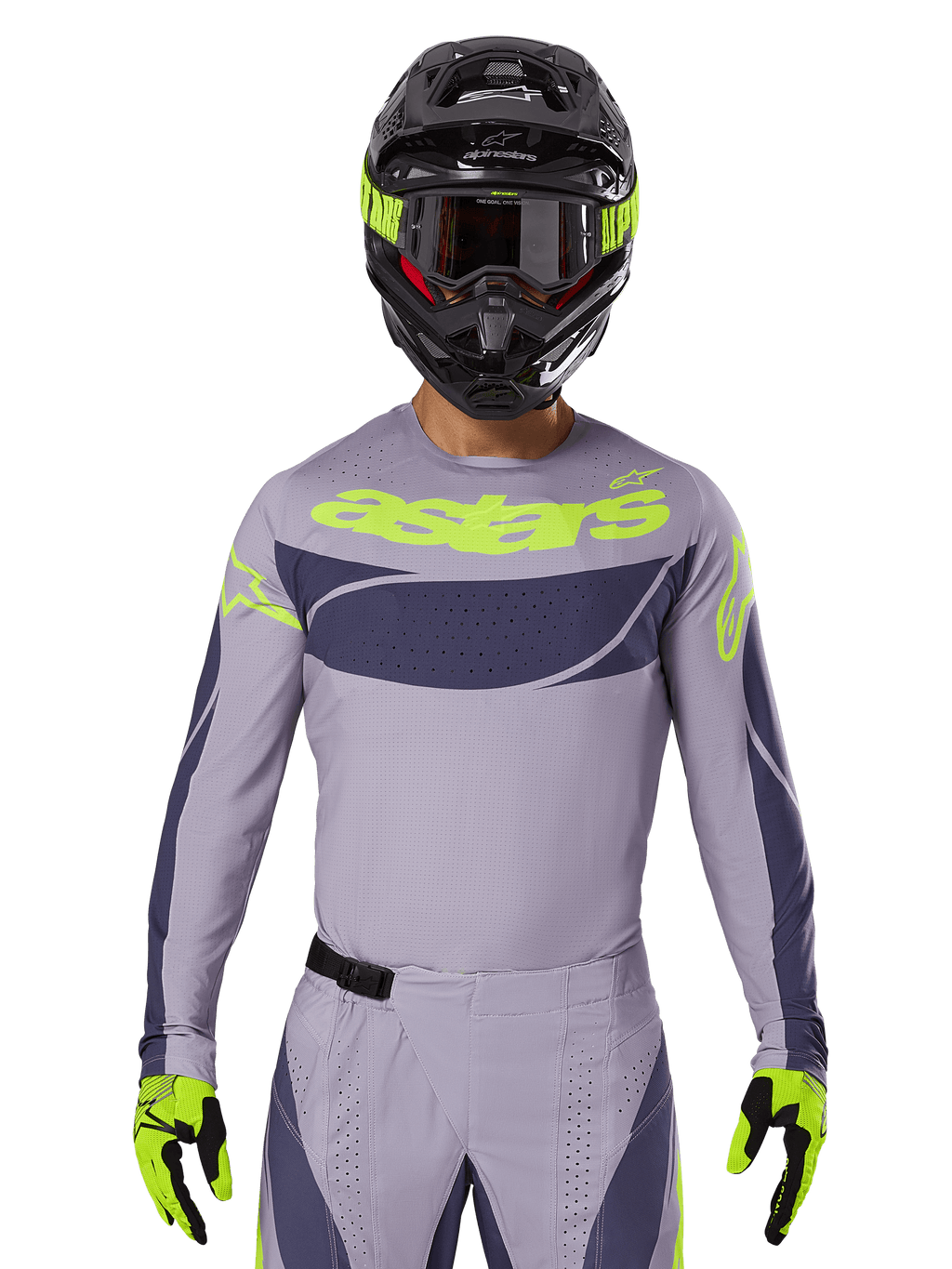 Alpinestars Techstar Dreem 2025, ensemble maillot et équipement de motocross, gris clair et gris foncé avec accents jaune fluo, logo 'astars', avec casque noir, lunettes et gants assortis, matériau technique perforé pour la performance tout-terrain