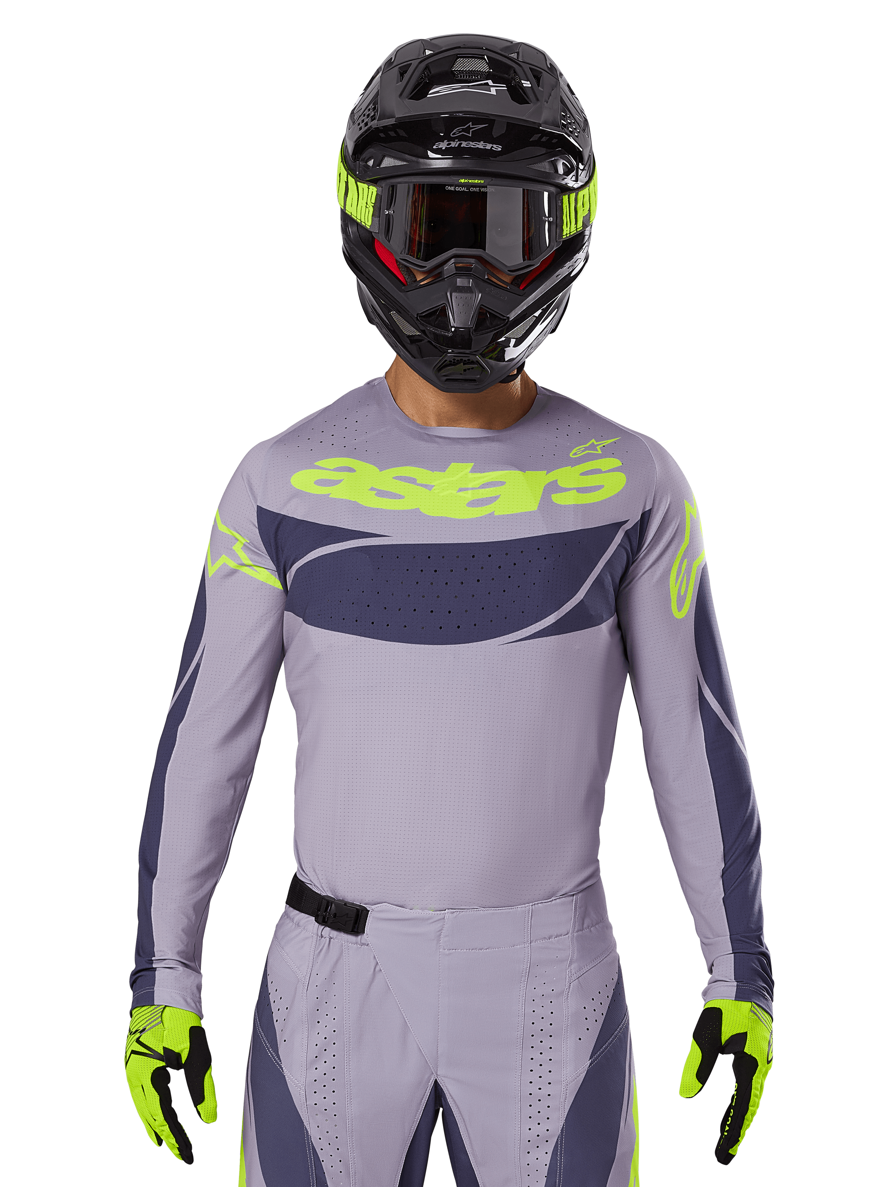 Alpinestars Techstar Dreem 2025, ensemble maillot et équipement de motocross, gris clair et gris foncé avec accents jaune fluo, logo 'astars', avec casque noir, lunettes et gants assortis, matériau technique perforé pour la performance tout-terrain