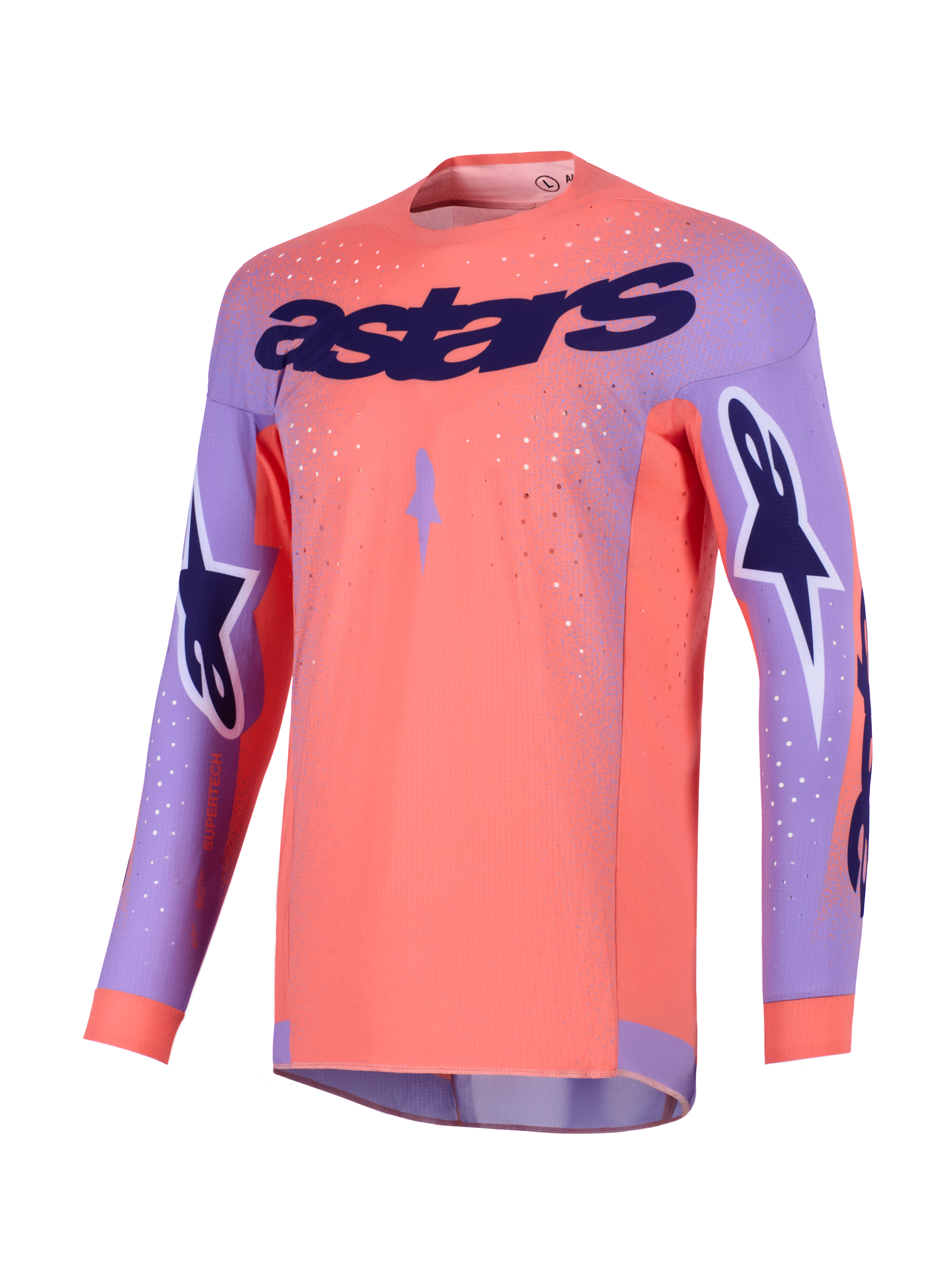Alpinestars 2026 Supertech Scenz Jersey, Motocross Jersey, Hot Coral and Purple, featuring large purple 'astars' branding on the chest, star logos on the sleeves, and perforated mesh panels for high-performance off-road racing.