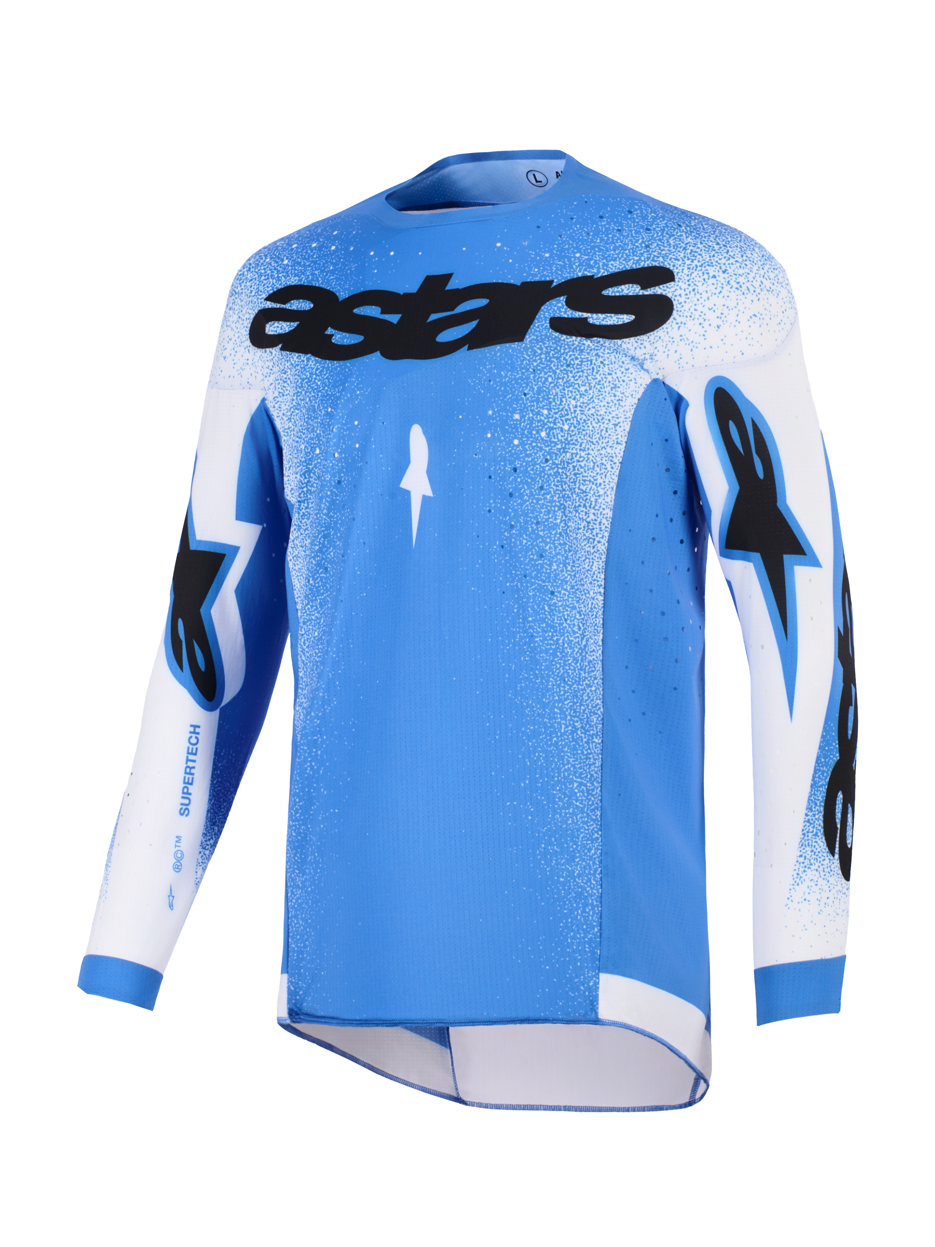 Alpinestars 2026 Supertech Scenz Jersey, Motocross Jersey, UCLA Blue and White, featuring black astars chest logo, gradient speckled design on shoulders and sleeves, lightweight stretch mesh, performance athletic fit for off-road racing