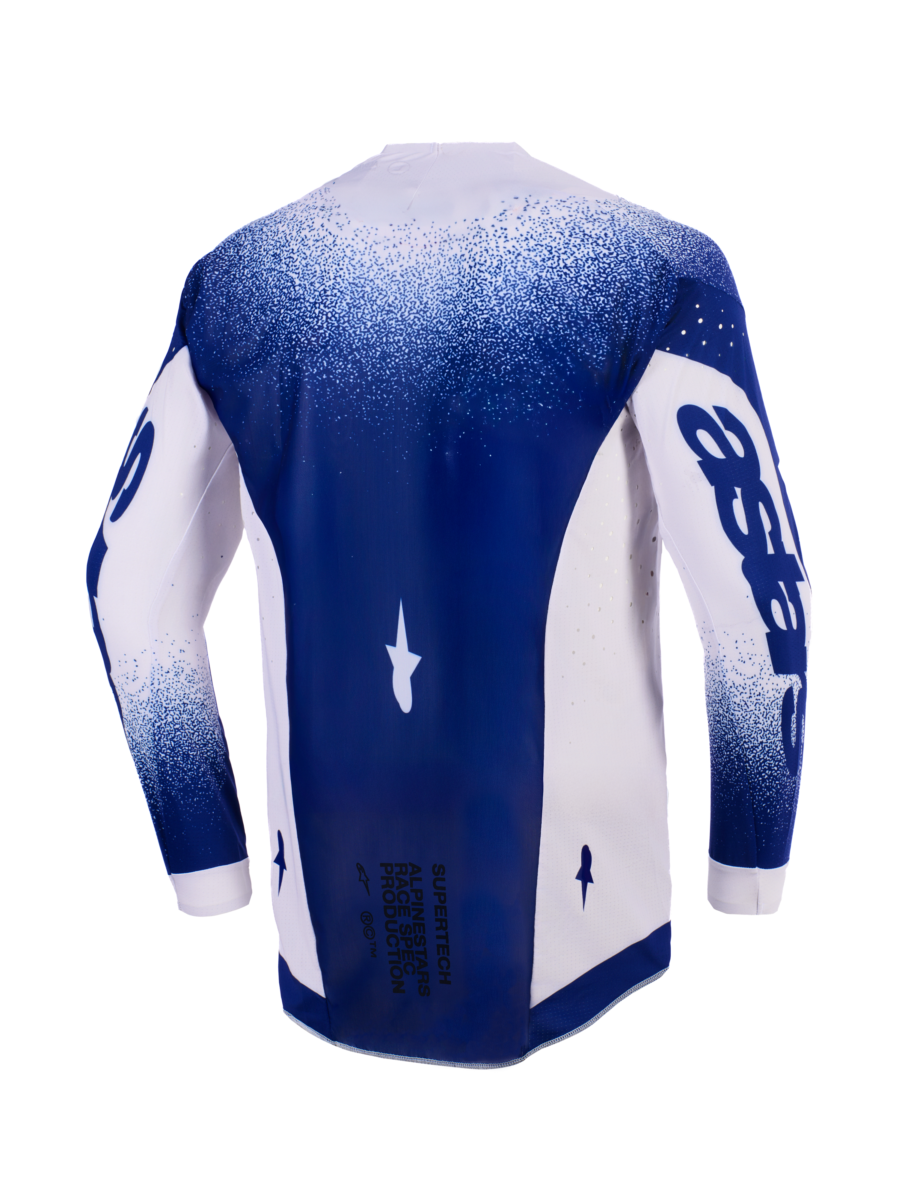 Alpinestars 2026 Supertech Scenz Jersey, Rear View, Light Gray and Dark Blue, professional motocross jersey with laser-cut perforations on side panels, dark blue center panel with 'Race Spec' text at the bottom, athletic racing fit