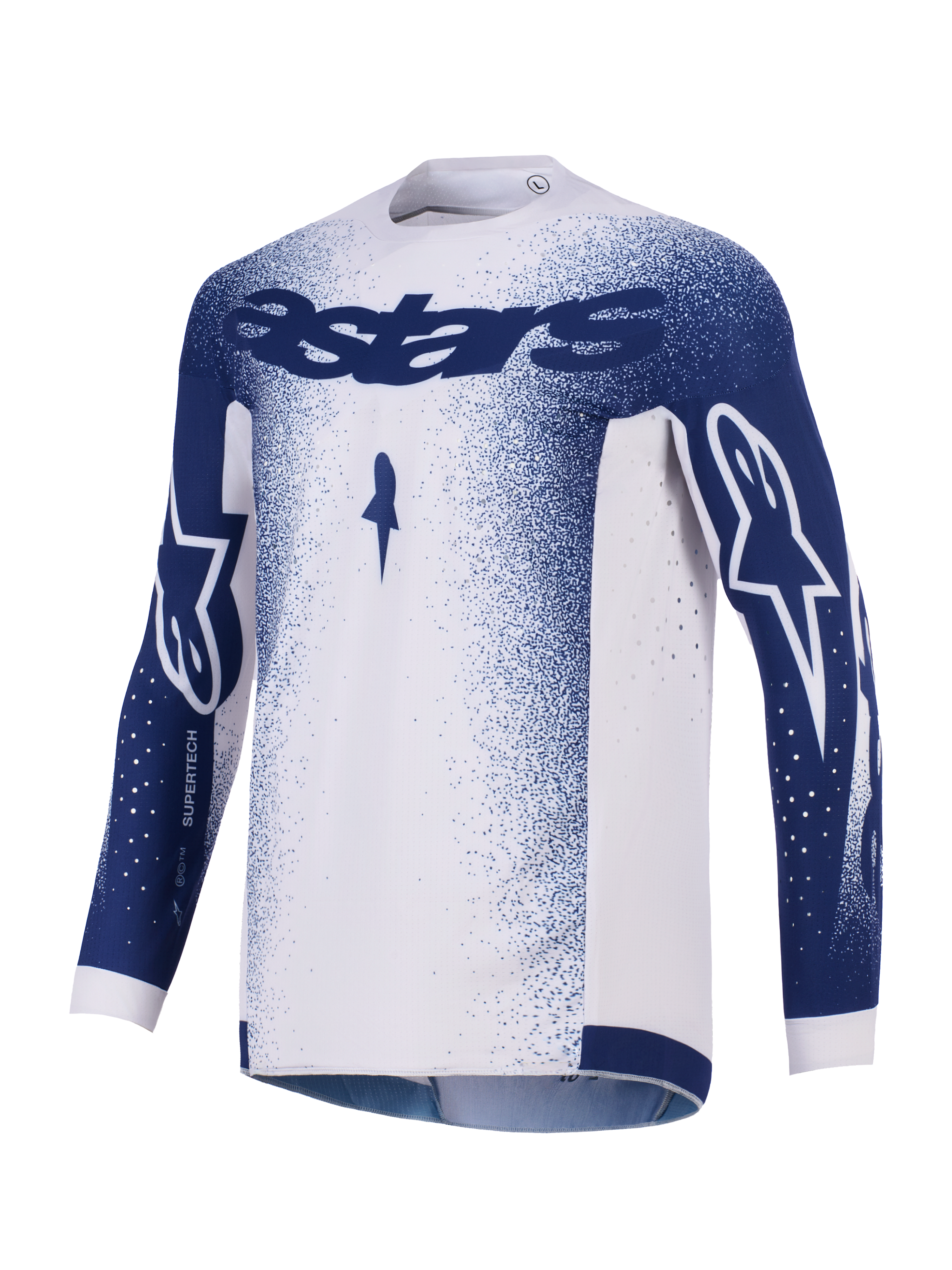 Alpinestars 2026 Supertech Scenz Jersey, Motocross Jersey, Light Gray and Dark Blue, featuring dark blue Astars branding on the chest and sleeves, gradient speckle pattern, laser-cut perforations for ventilation, professional-grade off-road racing gear