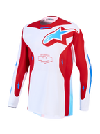 Alpinestars Racer Hunt Jersey, white and red motocross jersey with blue accents, moisture-wicking polyfabric.