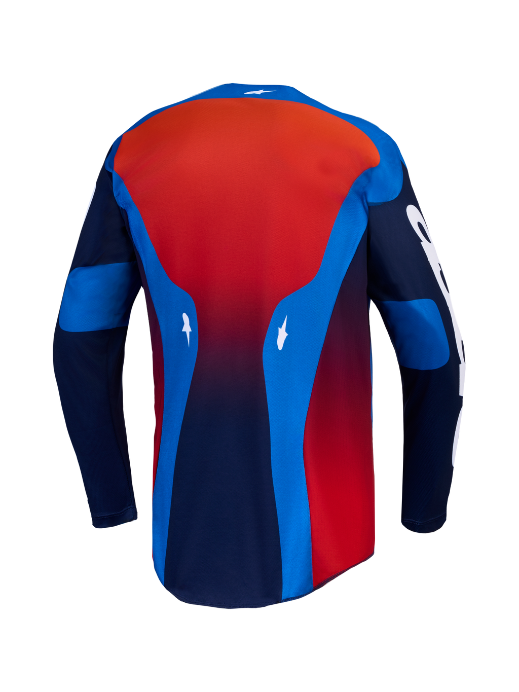 Maillot Racer Hunt d'Alpinestars, équipement de motocross pour homme, bleu et rouge feu, textile léger évacuant l'humidité, vue arrière.