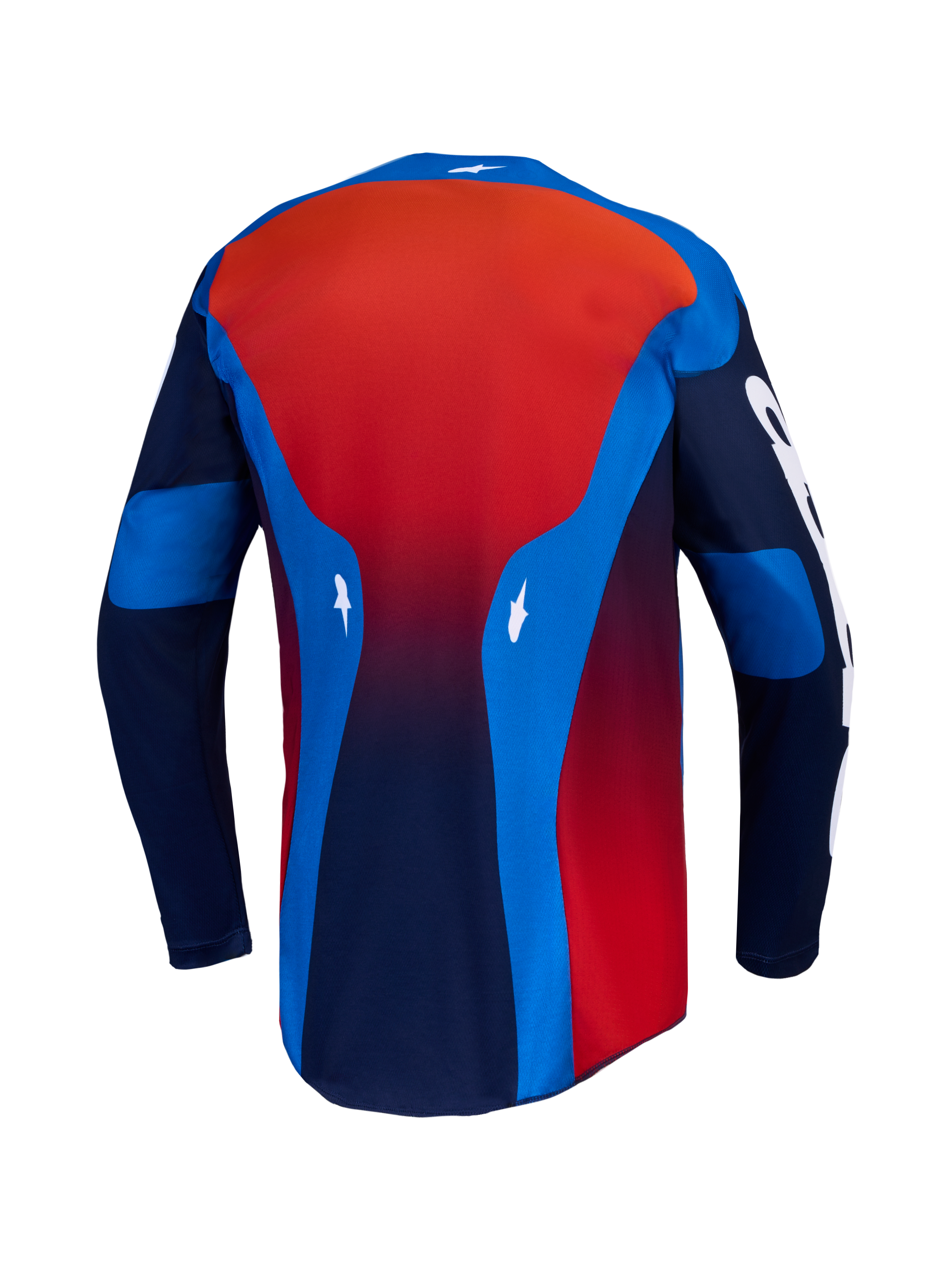 Maillot Racer Hunt d'Alpinestars, équipement de motocross pour homme, bleu et rouge feu, textile léger évacuant l'humidité, vue arrière.