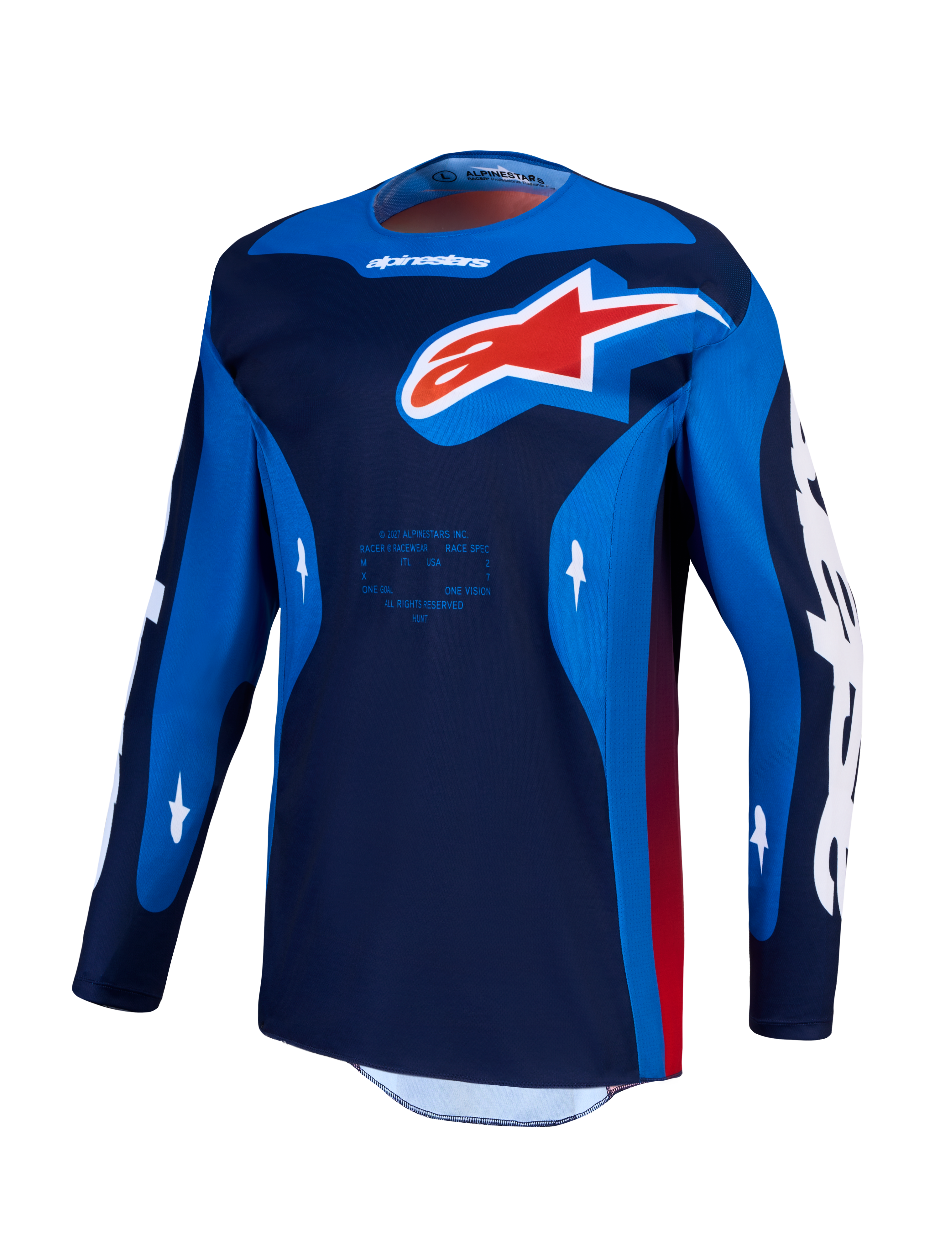 Maillot Alpinestars Racer Hunt, maillot de motocross pour homme, bleu et rouge, construction en poly-tissu léger évacuant l'humidité, performance tout-terrain