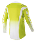 Maillot Alpinestars Techstar Push 2023, vue arrière, jaune fluo et blanc, maillot de motocross à manches longues avec panneaux latéraux blancs et logos sur les manches, équipement technique tout-terrain