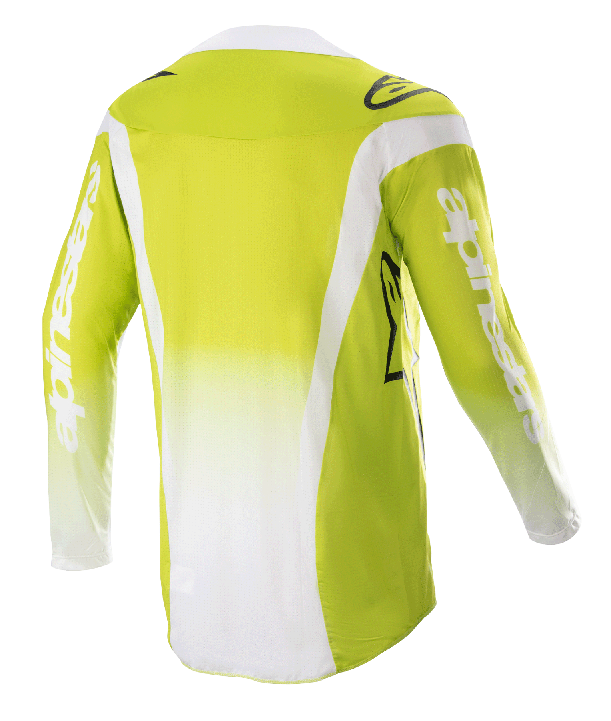 Maillot Alpinestars Techstar Push 2023, vue arrière, jaune fluo et blanc, maillot de motocross à manches longues avec panneaux latéraux blancs et logos sur les manches, équipement technique tout-terrain