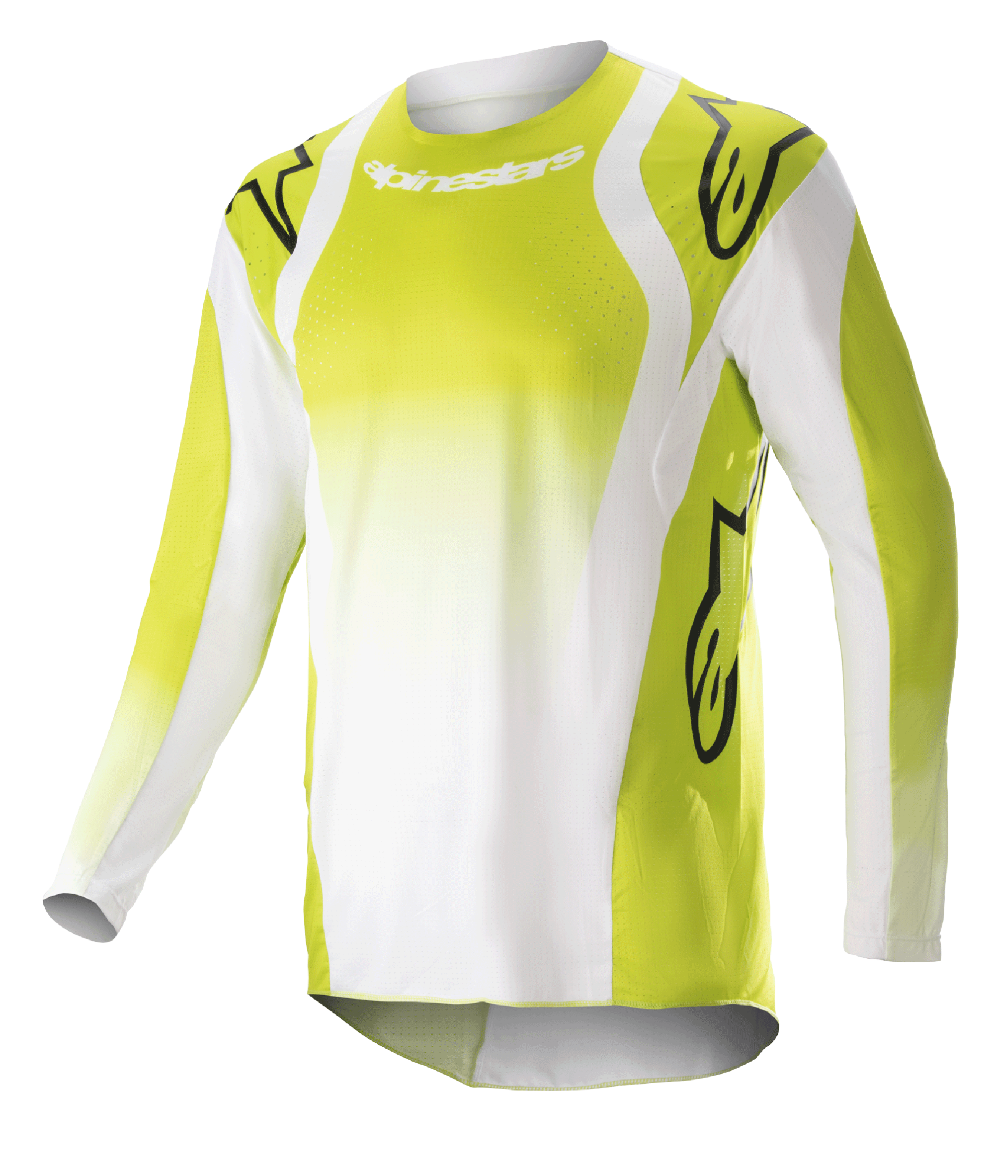 Maillot Alpinestars Techstar Push 2023, maillot de motocross à manches longues, jaune fluo et blanc, avec de grands logos Astars noirs sur les épaules et les manches, tissu technique perforé, col rond et pan arrière rallongé pour la course tout-terrain