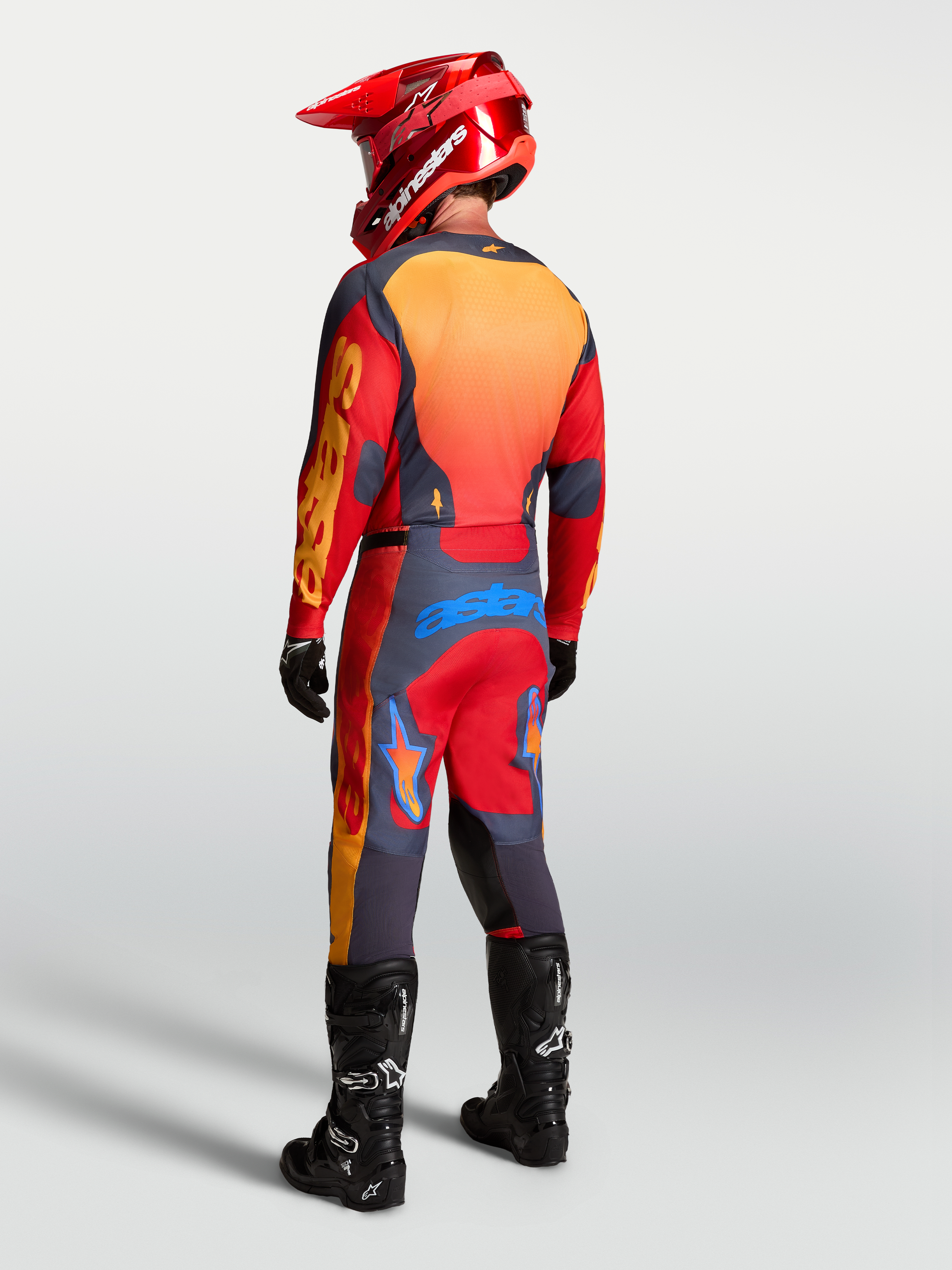 Alpinestars Racer Hunt Jersey, men's red and graystone motocross gear, rear view showing race fit and ventilated panels.