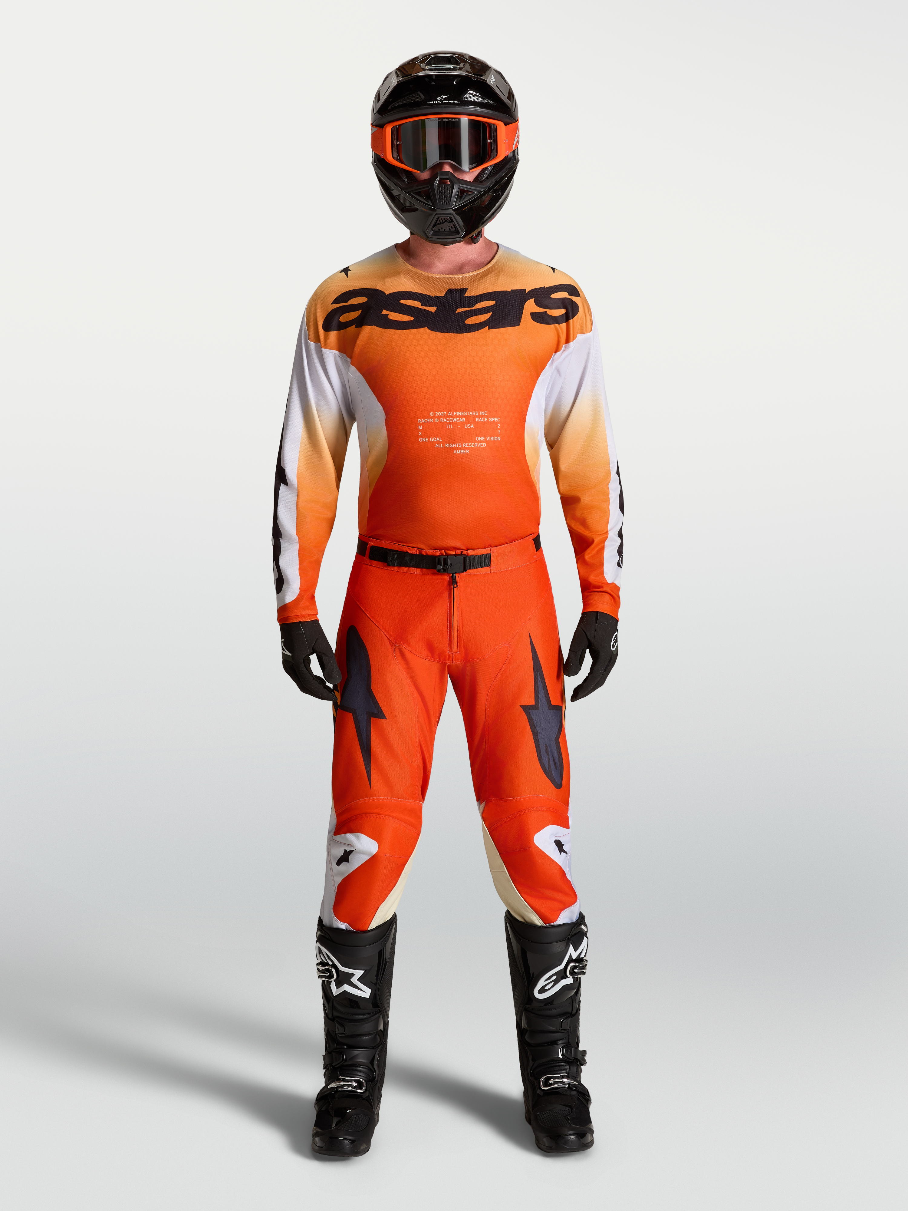 Alpinestars Racer Amber Jersey and Racer Amber Gear Set, Men's Motocross Racing Outfit, Orange and White, breathable race fit.