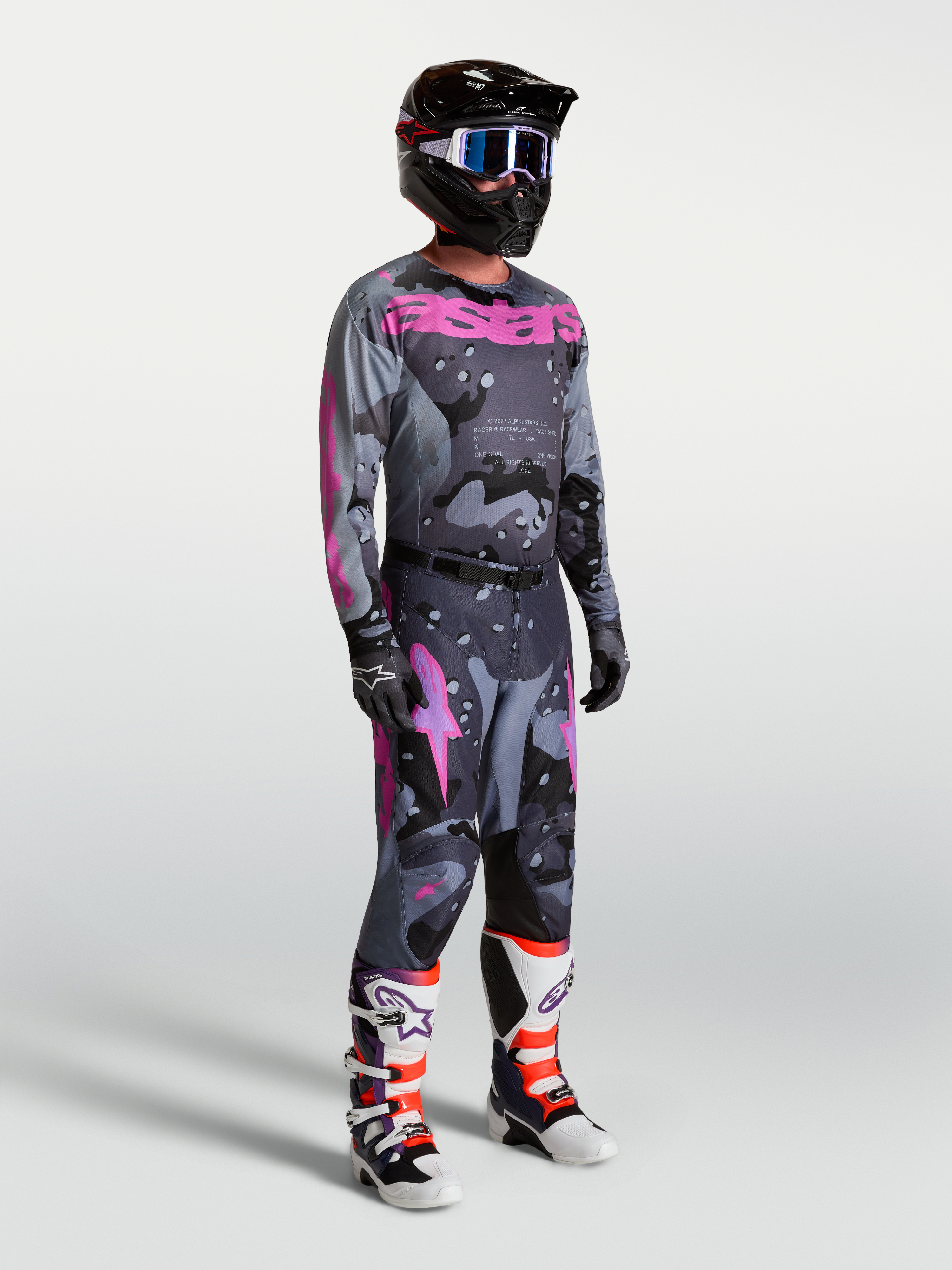 Alpinestars Racer Lone Jersey and Gear Set, men's gray camo and purple motocross kit with matching pants and racing boots.