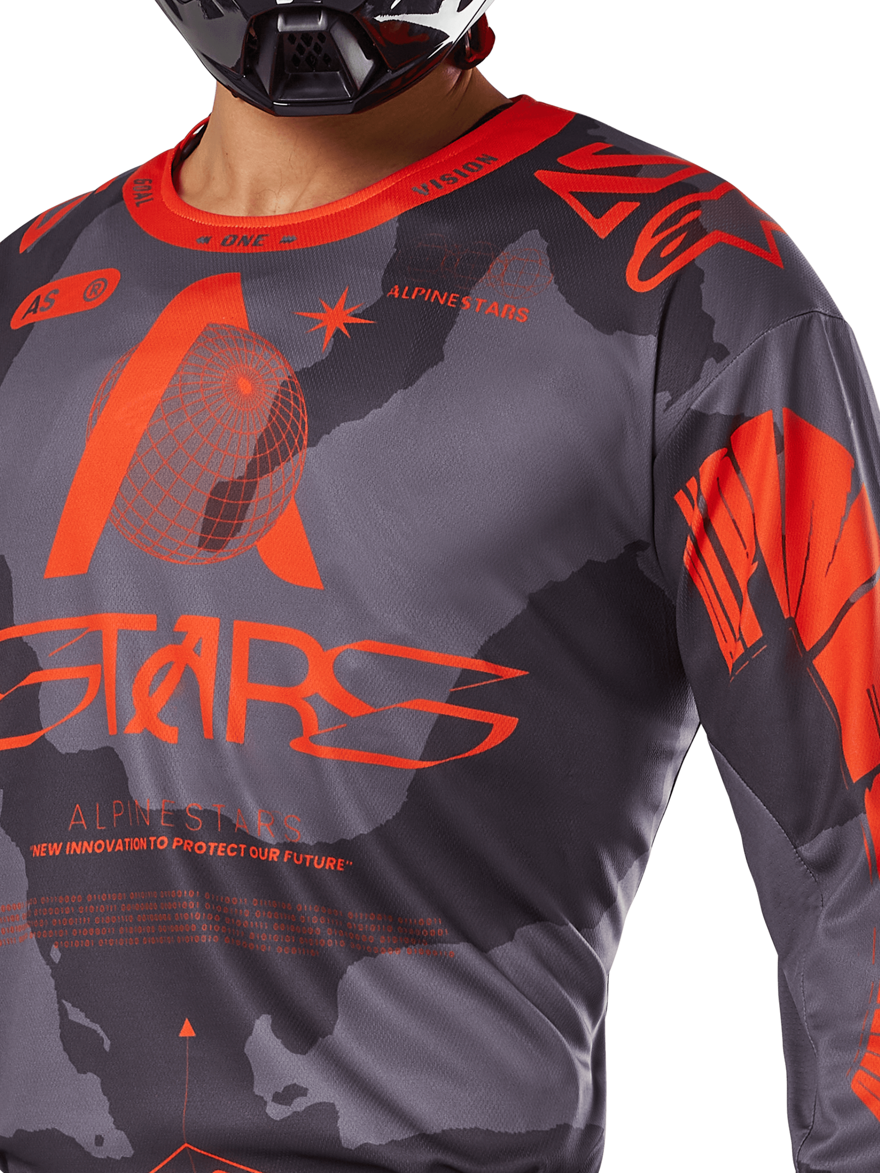 Maillot Alpinestars Racer Hollow 2025, maillot de motocross, camouflage gris et orange fluo, avec un large logo Alpinestars orange et des graphismes techniques, col rond, conçu pour la performance en conduite tout-terrain