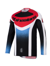Alpinestars 2026 Techstar Knif Jersey, Motocross Jersey, Black, White, Red, and Blue gradient, athletic race fit, long-sleeve performance gear with bold Alpinestars logo on the chest.