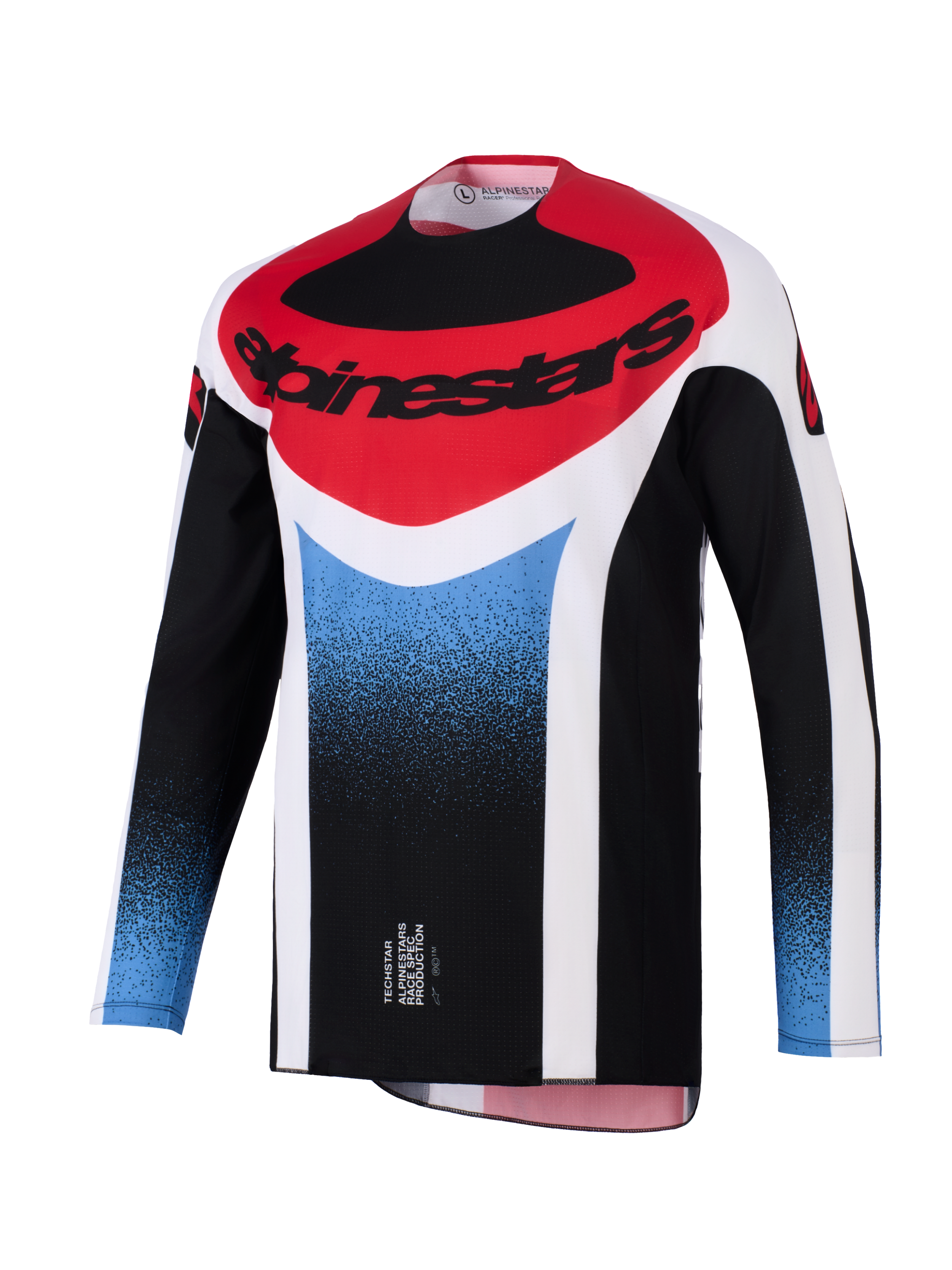 Alpinestars 2026 Techstar Knif Jersey, Motocross Jersey, Black, White, Red, and Blue gradient, athletic race fit, long-sleeve performance gear with bold Alpinestars logo on the chest.
