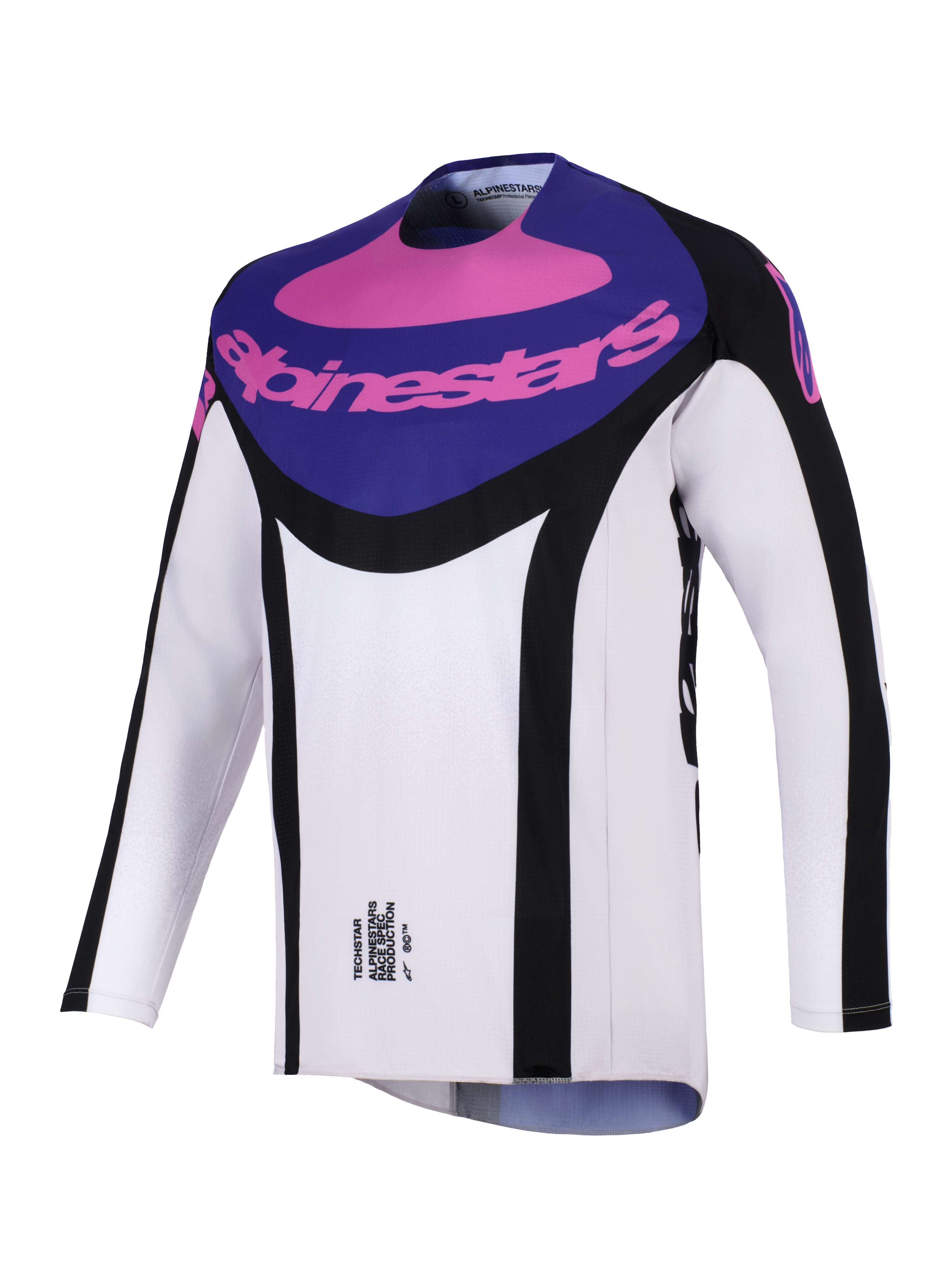 Alpinestars 2026 Techstar Knif Jersey, Motocross Jersey, Black Light Gray and Purple, featuring a purple chest panel with pink Alpinestars branding, black side accents, and lightweight moisture-wicking fabric for off-road performance.
