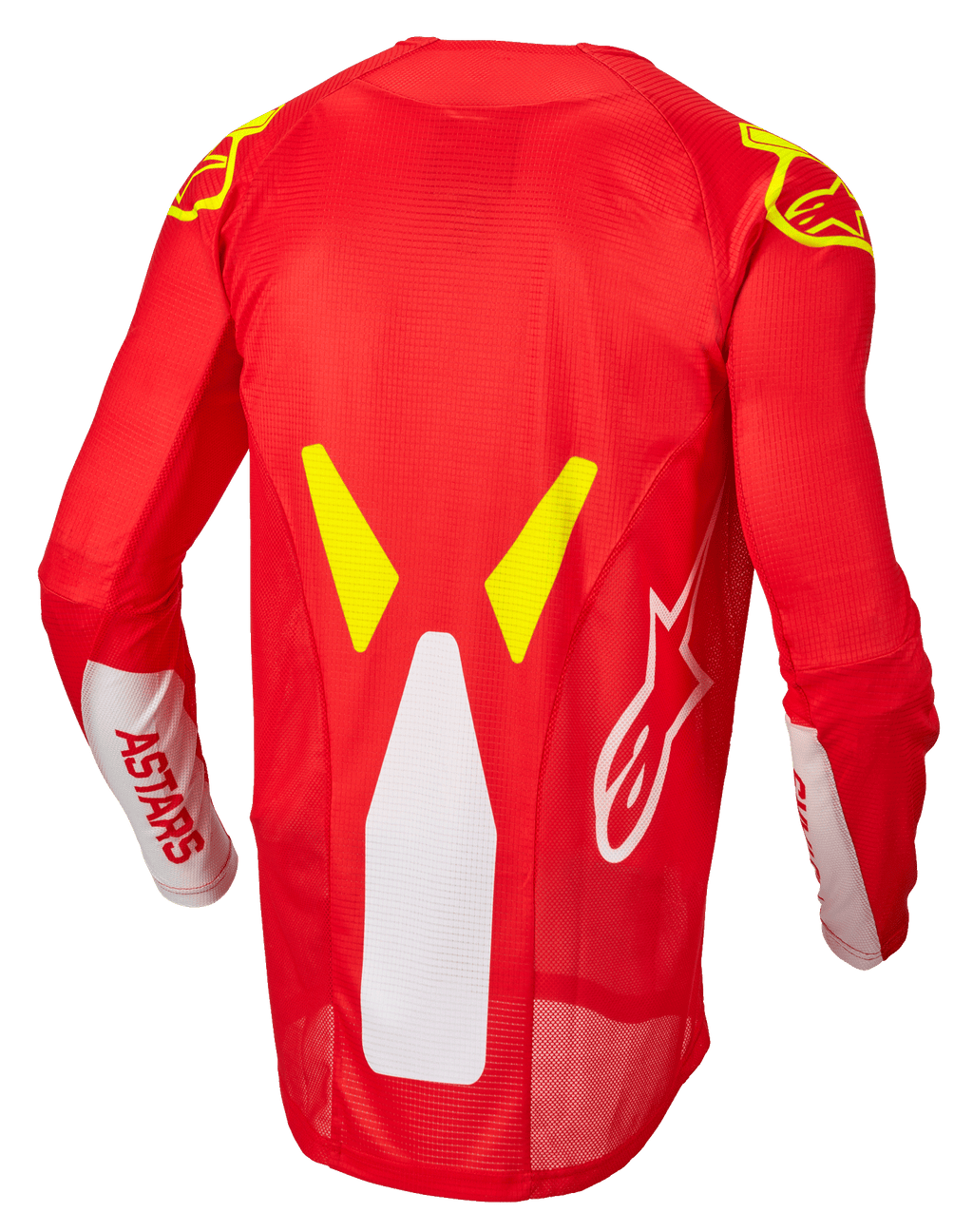 Alpinestars Techstar Factory Jersey, maillot de motocross, rouge fluo, blanc et jaune fluo, vue de dos présentant des panneaux de ventilation en maille et un profil arrière prolongé, marquage ASTARS blanc sur les manches et accents graphiques jaune fluo sur les épaules.