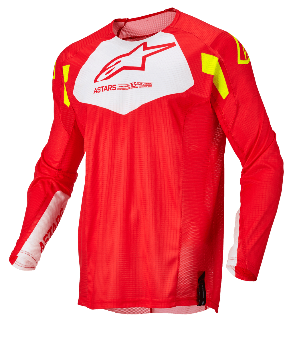 Alpinestars Techstar Factory Jersey, maillot de motocross, rouge fluo avec panneau blanc sur la poitrine et accents jaune fluo, tissu en maille léger et respirant, design à manches longues pour la course tout-terrain