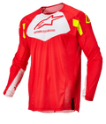 Alpinestars Techstar Factory Jersey, maillot de motocross, rouge fluo avec panneau blanc sur la poitrine et accents jaune fluo, tissu en maille léger et respirant, design à manches longues pour la course tout-terrain