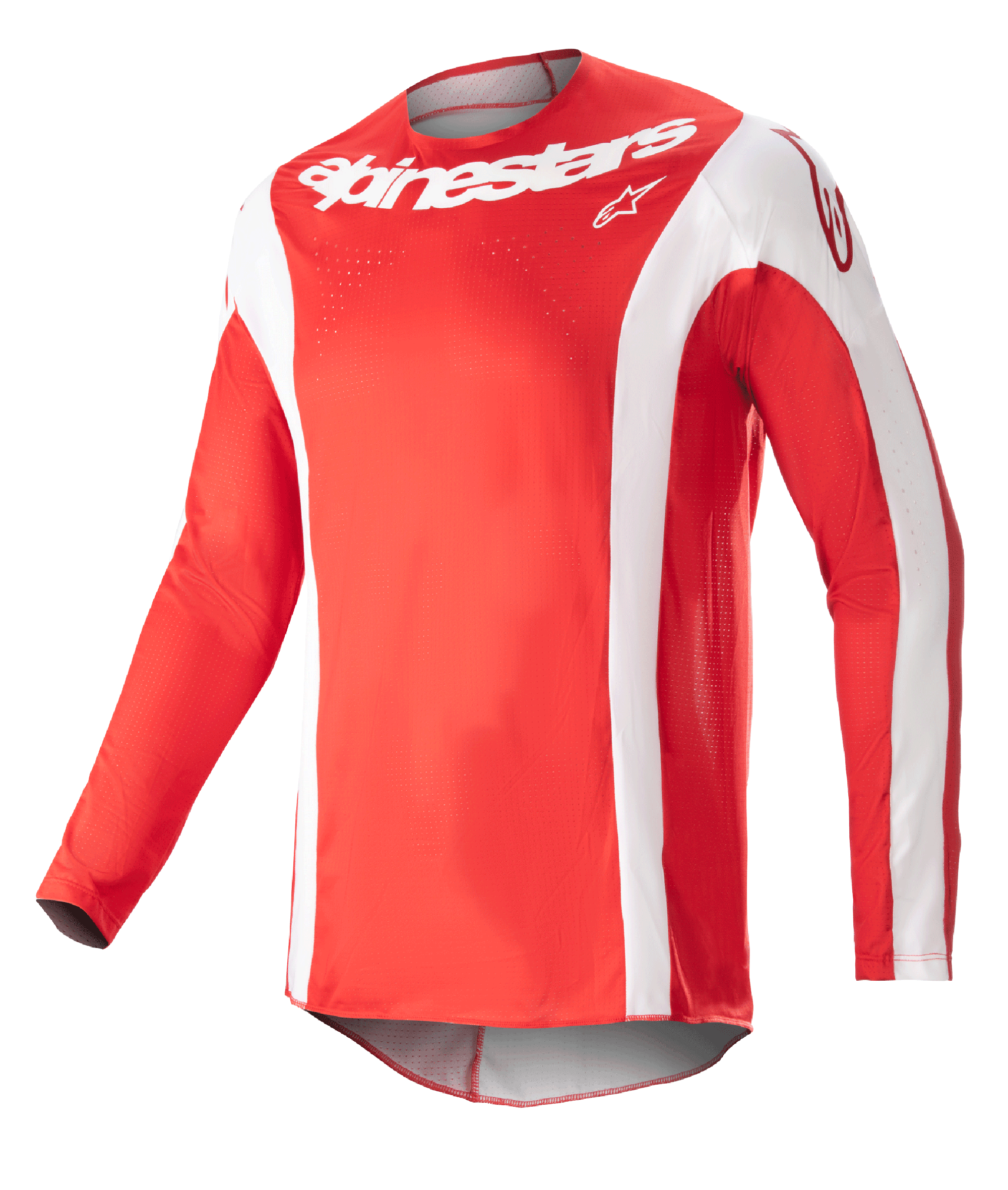 Maillot Alpinestars Techstar Arch 2023, maillot de motocross, rouge Mars et blanc, logo Alpinestars blanc sur la poitrine, tissu technique perforé, manches longues avec accents blancs, design sportif pour le tout-terrain