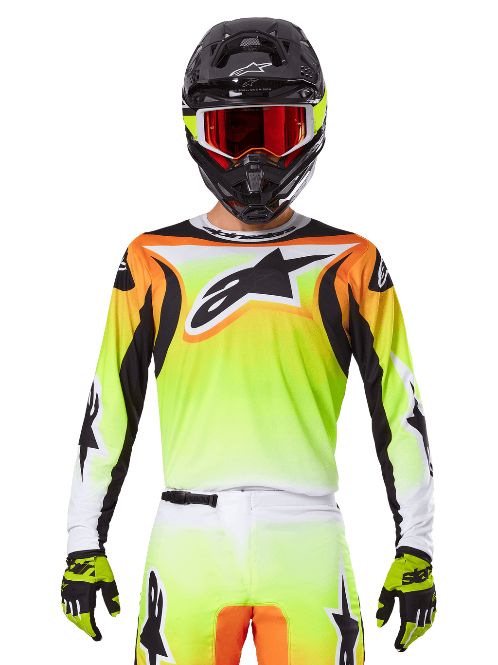 Maillot Alpinestars 2025 Fluid Wurx, maillot de motocross, jaune néon, orange et blanc, porté avec un pantalon assorti et un casque noir avec des lunettes rouges, ensemble complet d'équipement MX sur le pilote