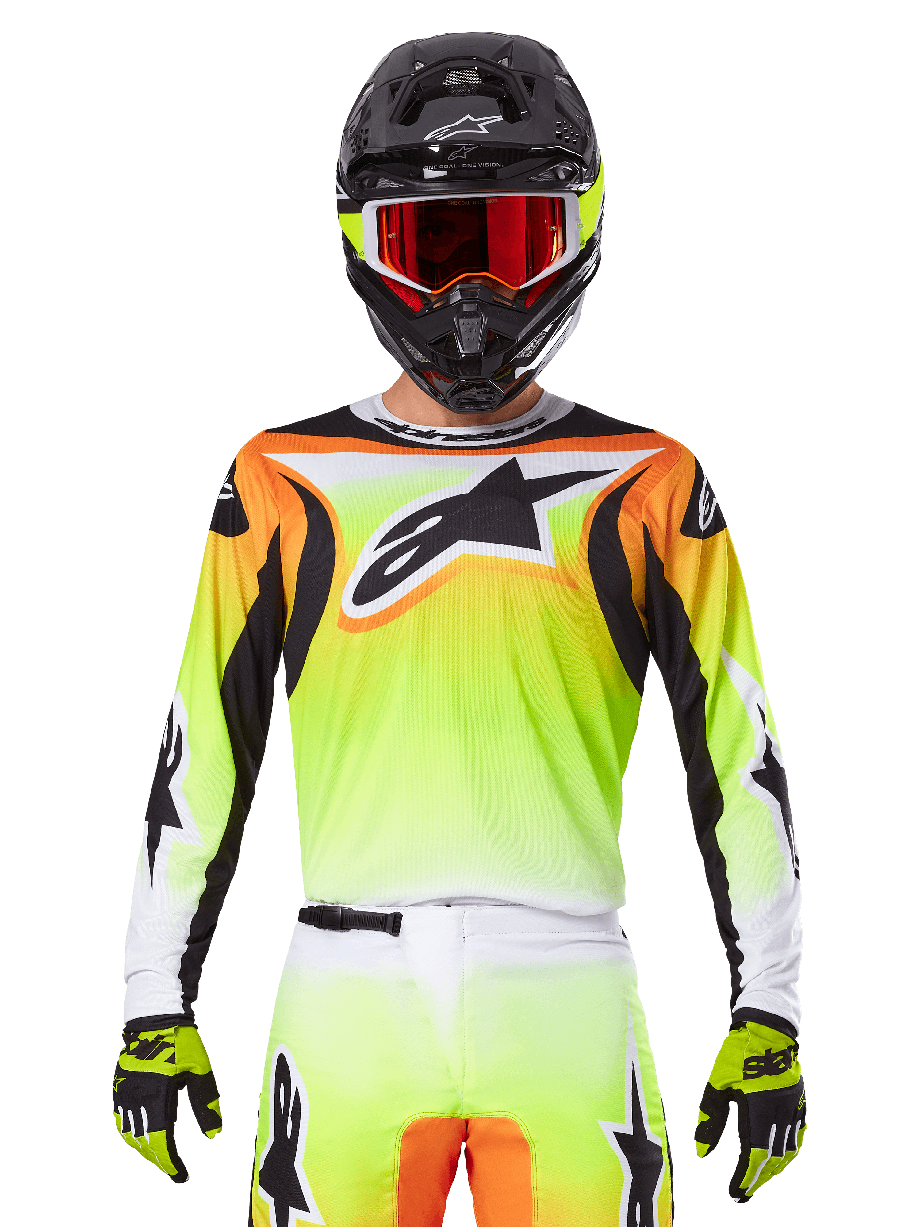 Maillot Alpinestars 2025 Fluid Wurx, maillot de motocross, jaune néon, orange et blanc, porté avec un pantalon assorti et un casque noir avec des lunettes rouges, ensemble complet d'équipement MX sur le pilote