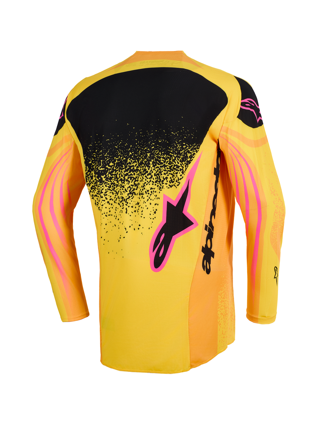 Maillot Alpinestars Techstar Nomur 2026, maillot de motocross, orange, jaune et rose, vue arrière avec empiècement noir moucheté sur le haut du dos, accents de logo roses et motifs graphiques ondulés sur les manches.