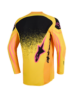 Maillot Alpinestars Techstar Nomur 2026, maillot de motocross, orange, jaune et rose, vue arrière avec empiècement noir moucheté sur le haut du dos, accents de logo roses et motifs graphiques ondulés sur les manches.