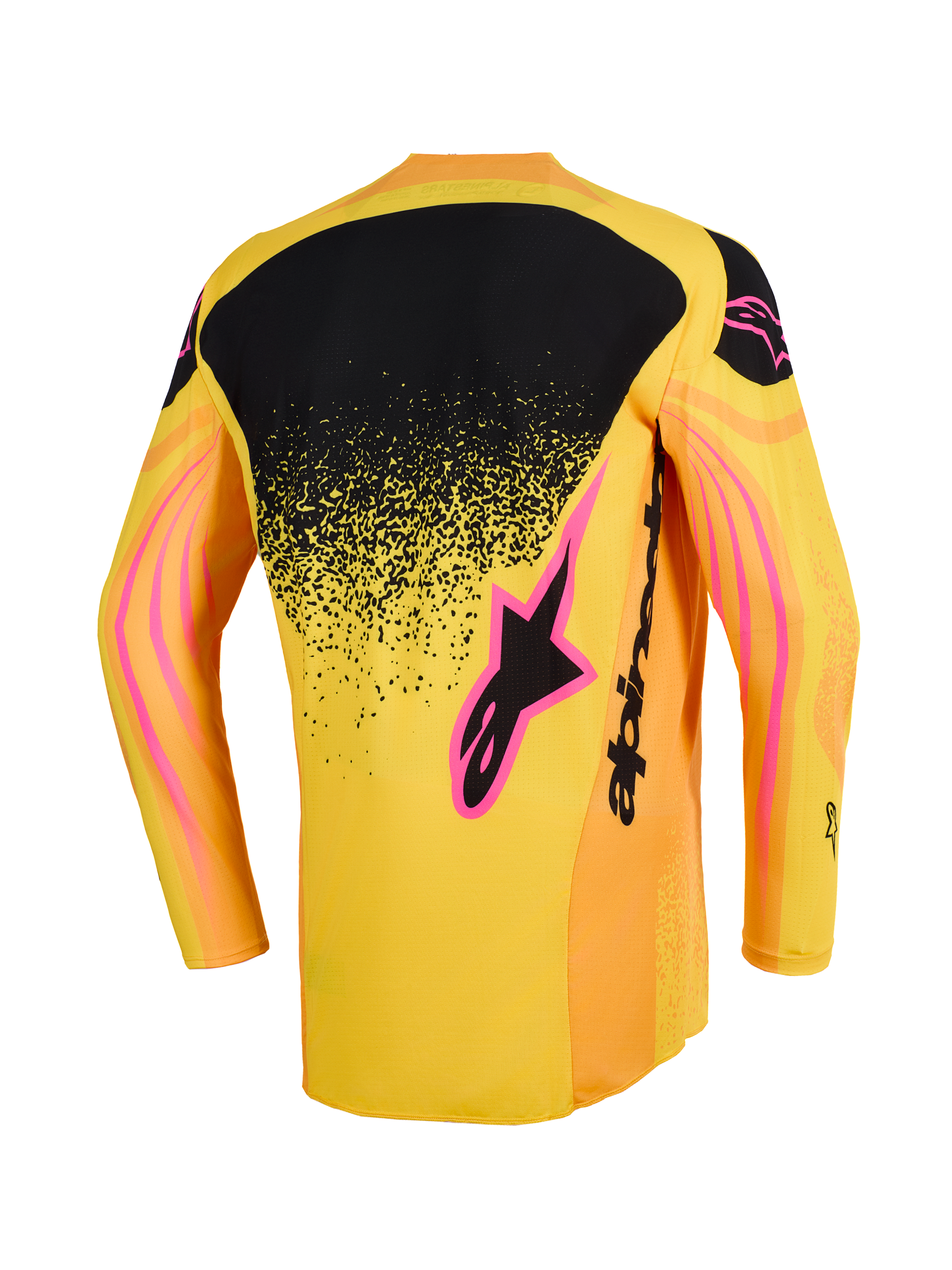 Maillot Alpinestars Techstar Nomur 2026, maillot de motocross, orange, jaune et rose, vue arrière avec empiècement noir moucheté sur le haut du dos, accents de logo roses et motifs graphiques ondulés sur les manches.