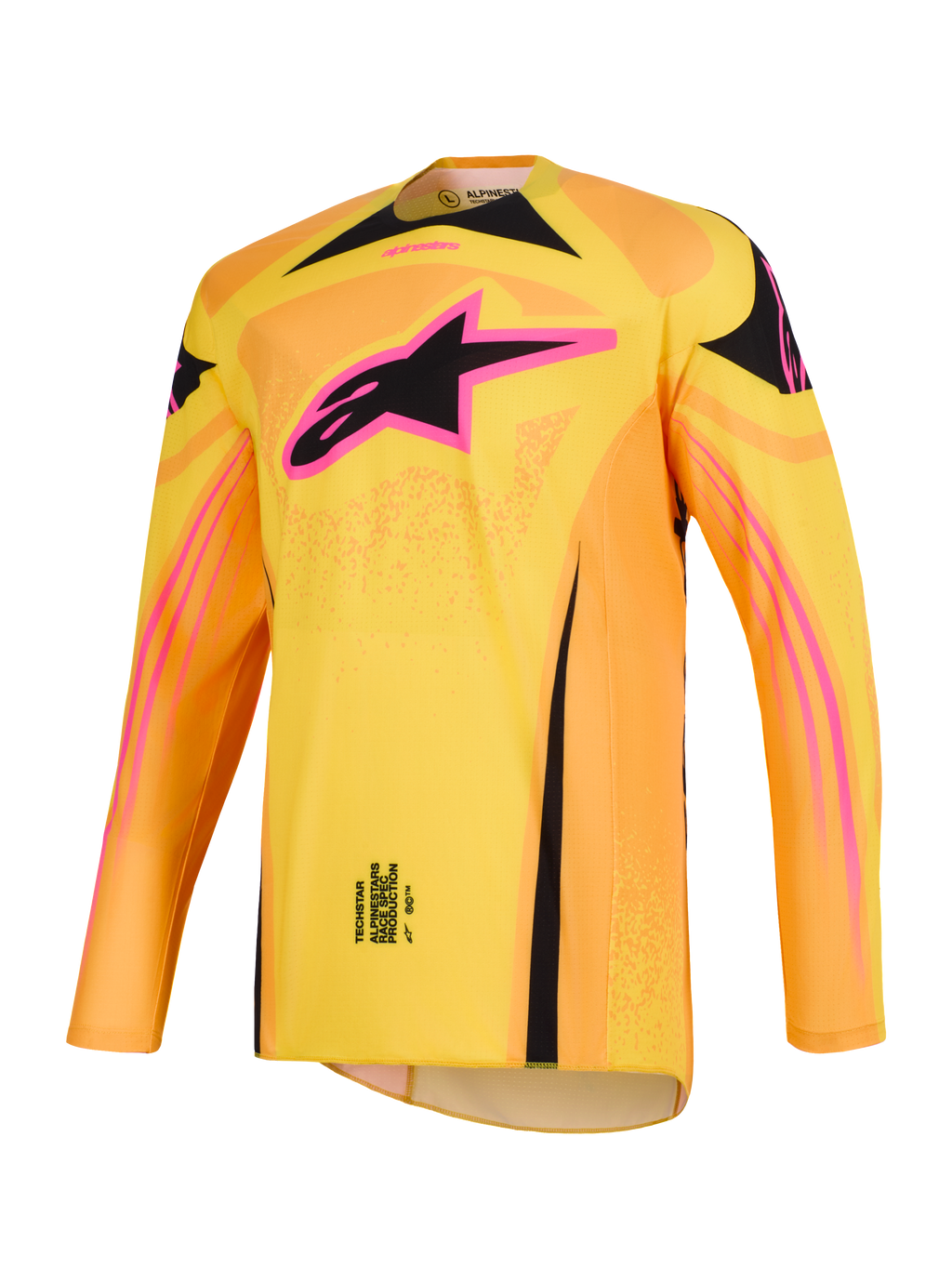 Maillot Techstar Nomur 2026 d'Alpinestars, maillot de motocross orange, jaune et rose, avec logo étoile rose et noir sur la poitrine, coupe athlétique à manches longues, vêtement de compétition tout-terrain haute performance