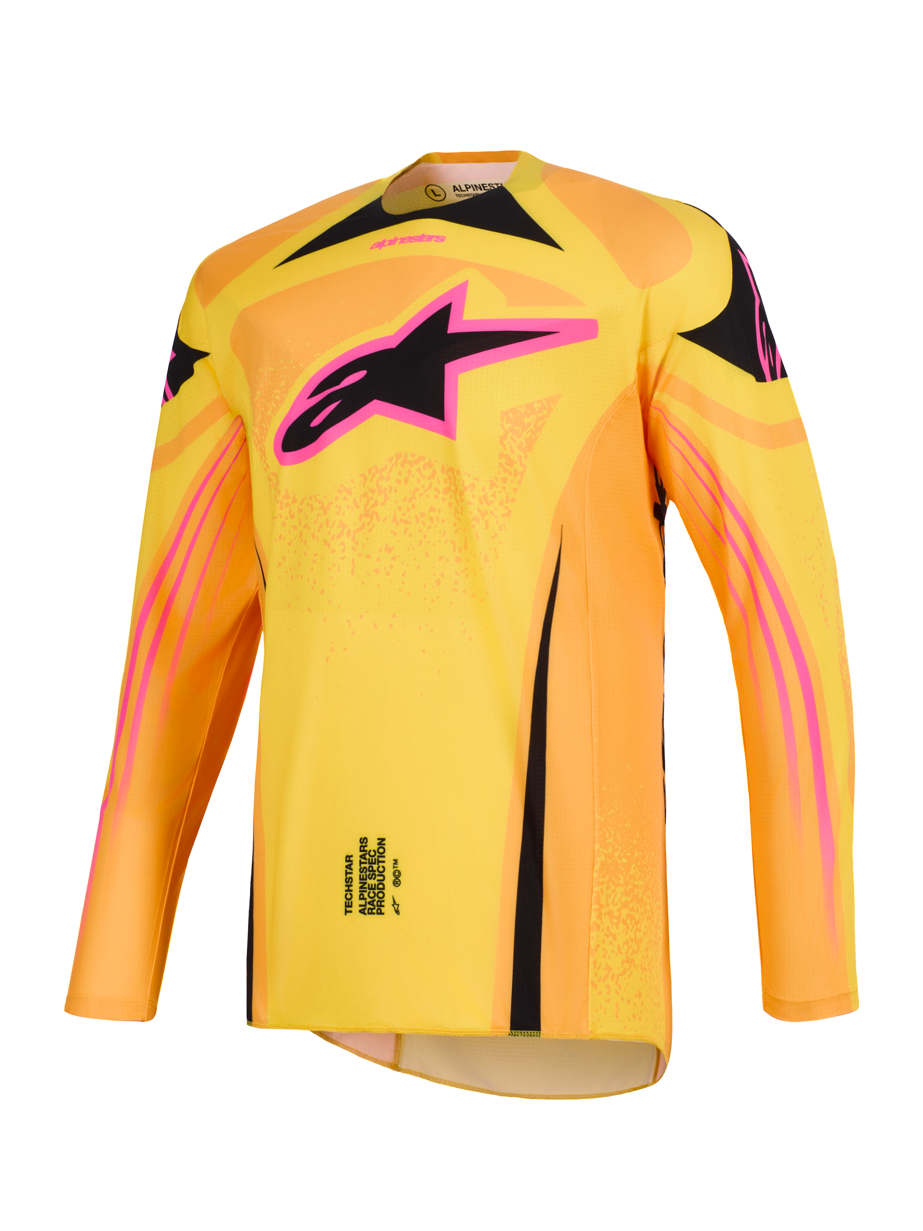 Maillot Techstar Nomur 2026 d'Alpinestars, maillot de motocross orange, jaune et rose, avec logo étoile rose et noir sur la poitrine, coupe athlétique à manches longues, vêtement de compétition tout-terrain haute performance