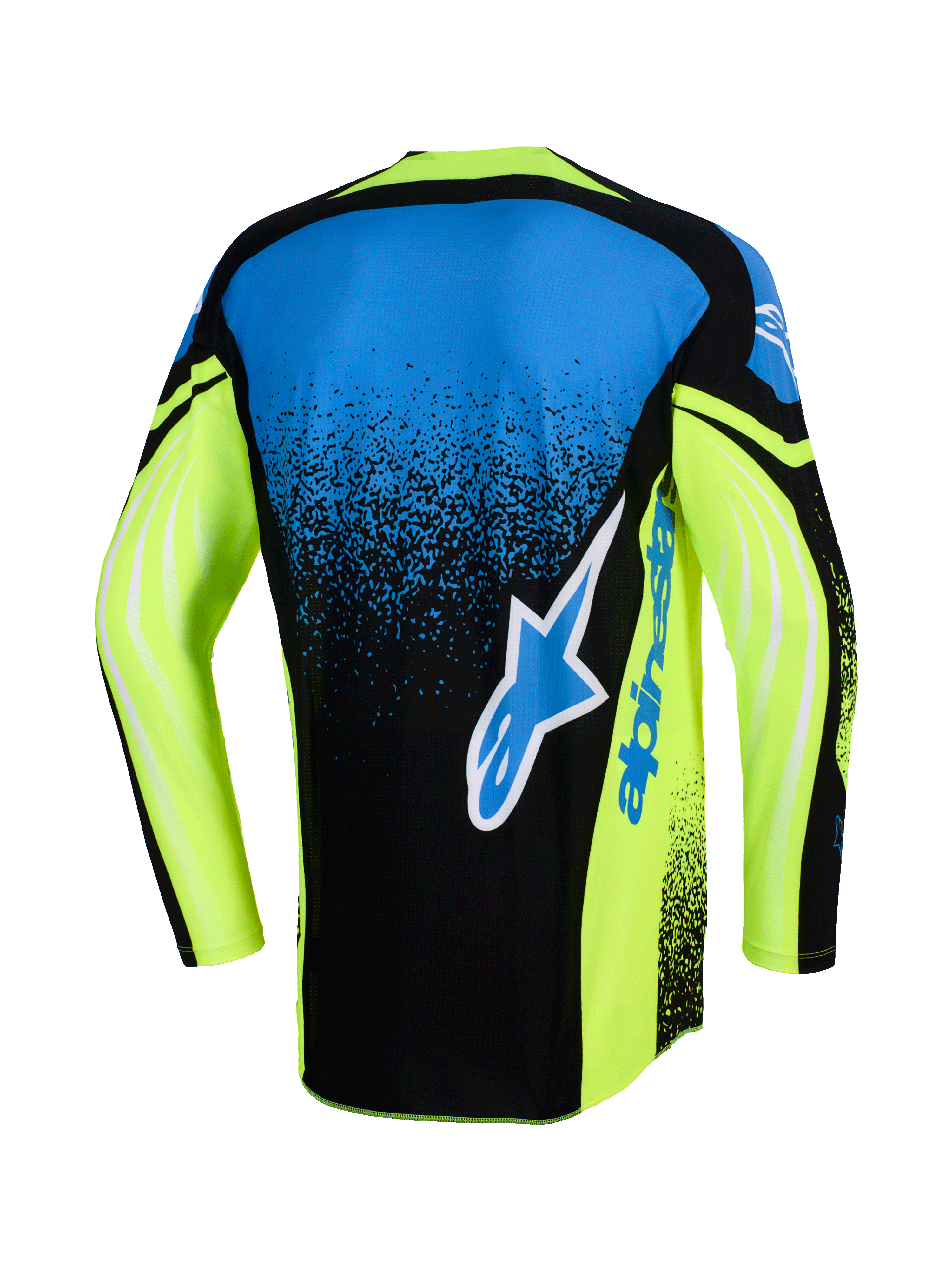 Alpinestars 2026 Techstar Nomur Jersey, back view, Motocross Jersey, Dark Navy, Yellow Fluo and Blue, featuring a large Alpinestars logo on the back, neon yellow sleeves with graphic accents, and an athletic racing fit.