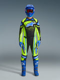 Alpinestars 2026 Techstar Nomur Gear Set, full motocross racing outfit, neon yellow and black with blue accents, complete gear set including helmet, gloves, and boots, athletic race fit with star graphics, professional MX protection