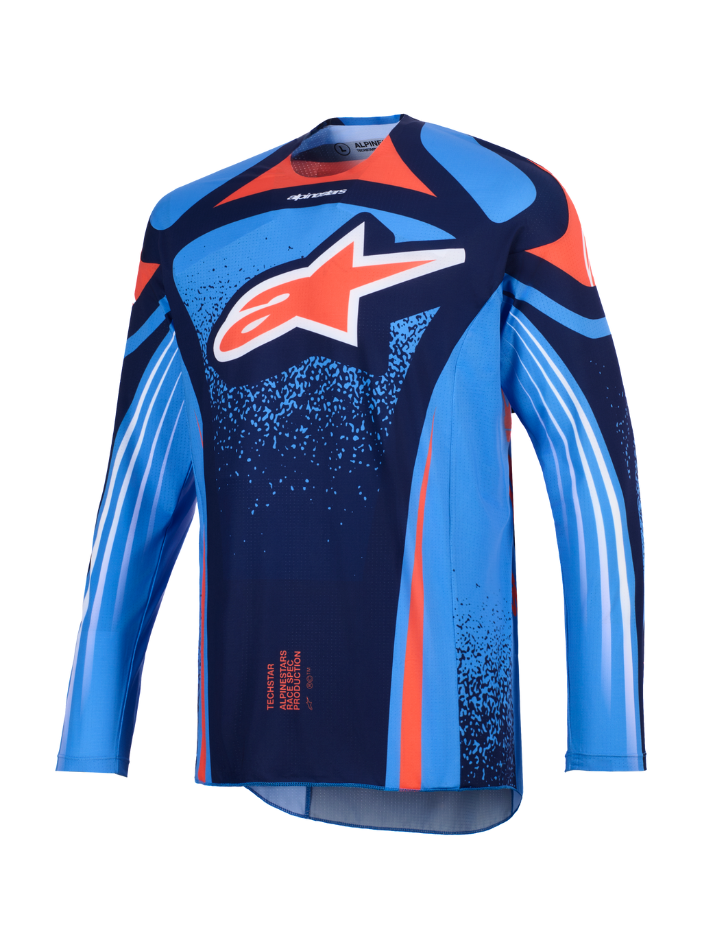 Alpinestars 2026 Techstar Nomur Jersey, Motocross Jersey, Dark Navy and UCLA Blue with Orange accents, featuring a large white Astars logo on the chest and white diagonal stripes on the long sleeves, lightweight athletic race fit for off-road performance