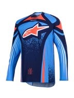 Alpinestars 2026 Techstar Nomur Jersey, Motocross Jersey, Dark Navy and UCLA Blue with Orange accents, featuring a large white Astars logo on the chest and white diagonal stripes on the long sleeves, lightweight athletic race fit for off-road performance