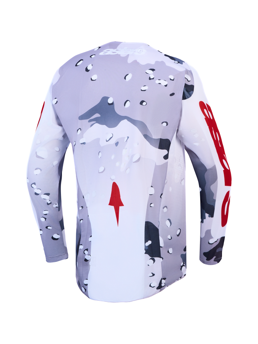 Maillot Alpinestars Racer Air Lone, motocross, vue de dos, camouflage gris et blanc avec accents rouges, mesh ventilé